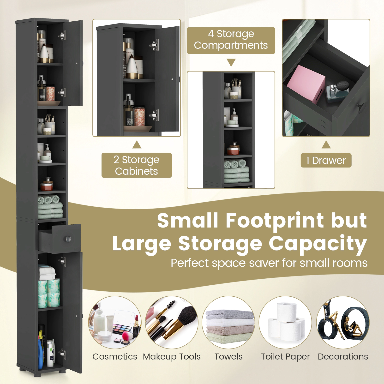 SUGIFT Freestanding Slim Drawer 5 Adjustable Shelves Bathroom Storage Cabinet 8-in x 8-in x 71-in 110-lb Capacity Gray