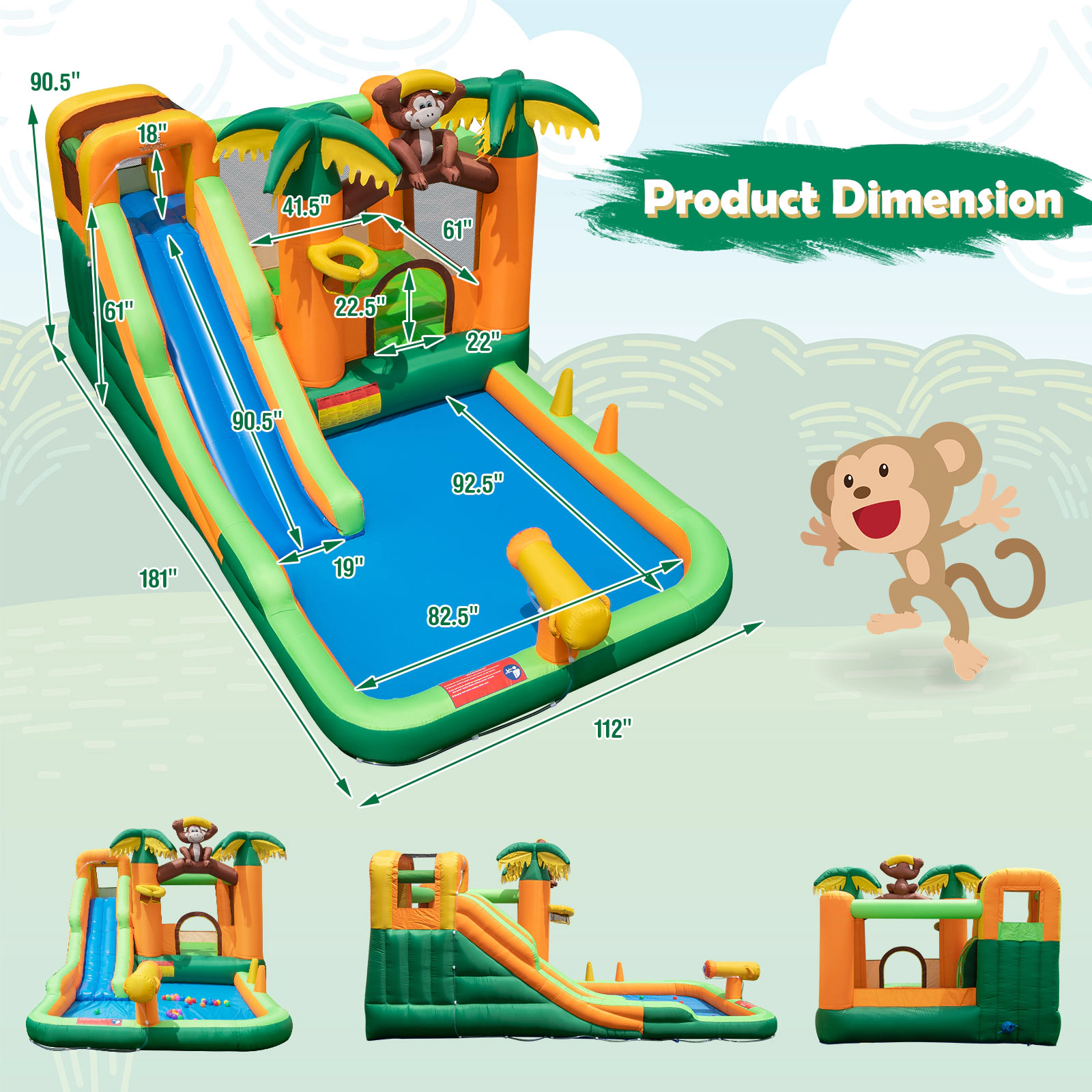 SUGIFT 6-in-1 Monkey-Themed Inflatable Bounce House Castle with Slide 200-lb Capacity Ages 3-10 Multi-color