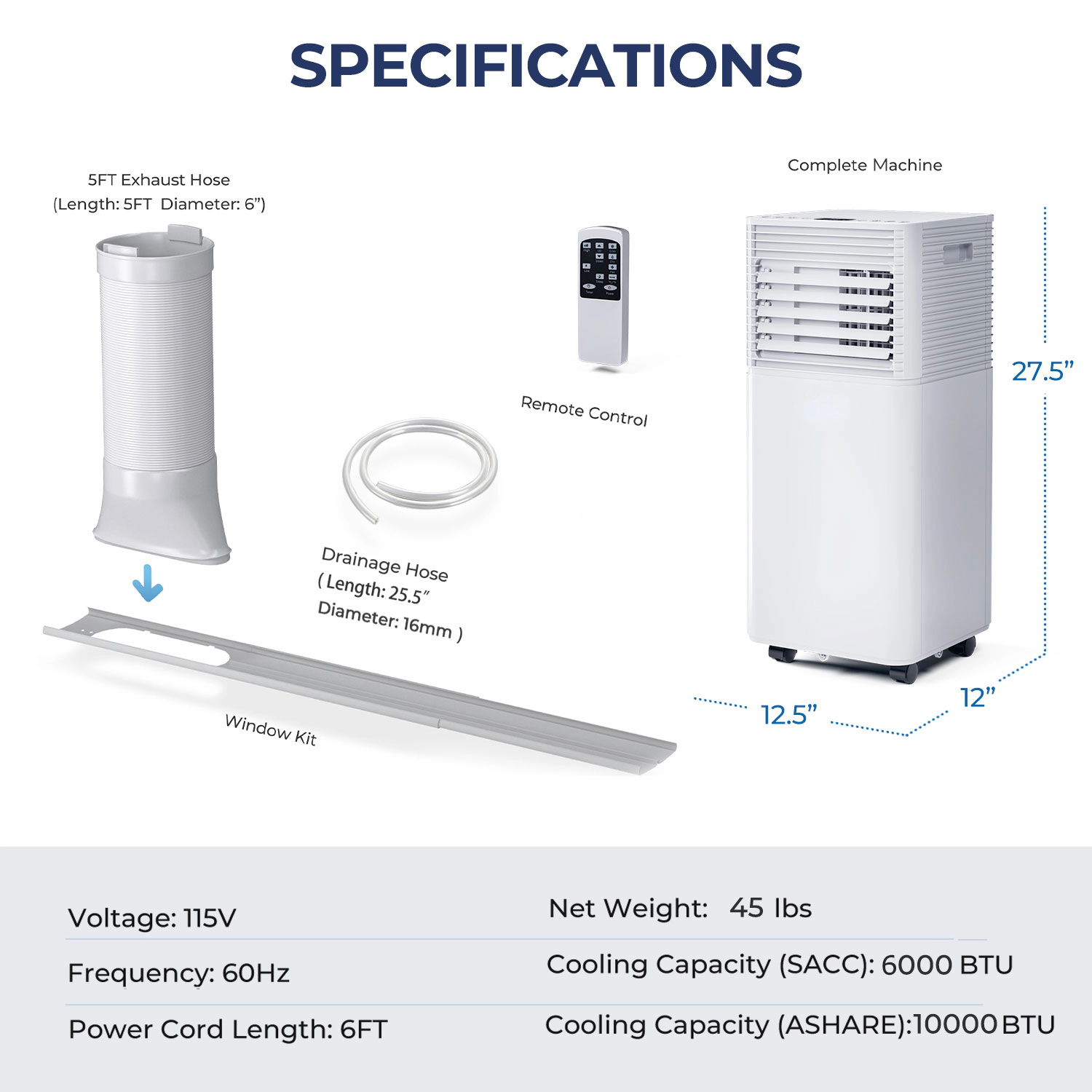 SUGIFT White 10000-BTU 350-sq ft 3-in-1 Portable Air Conditioner with 50-Pint Dehumidifier and Timer