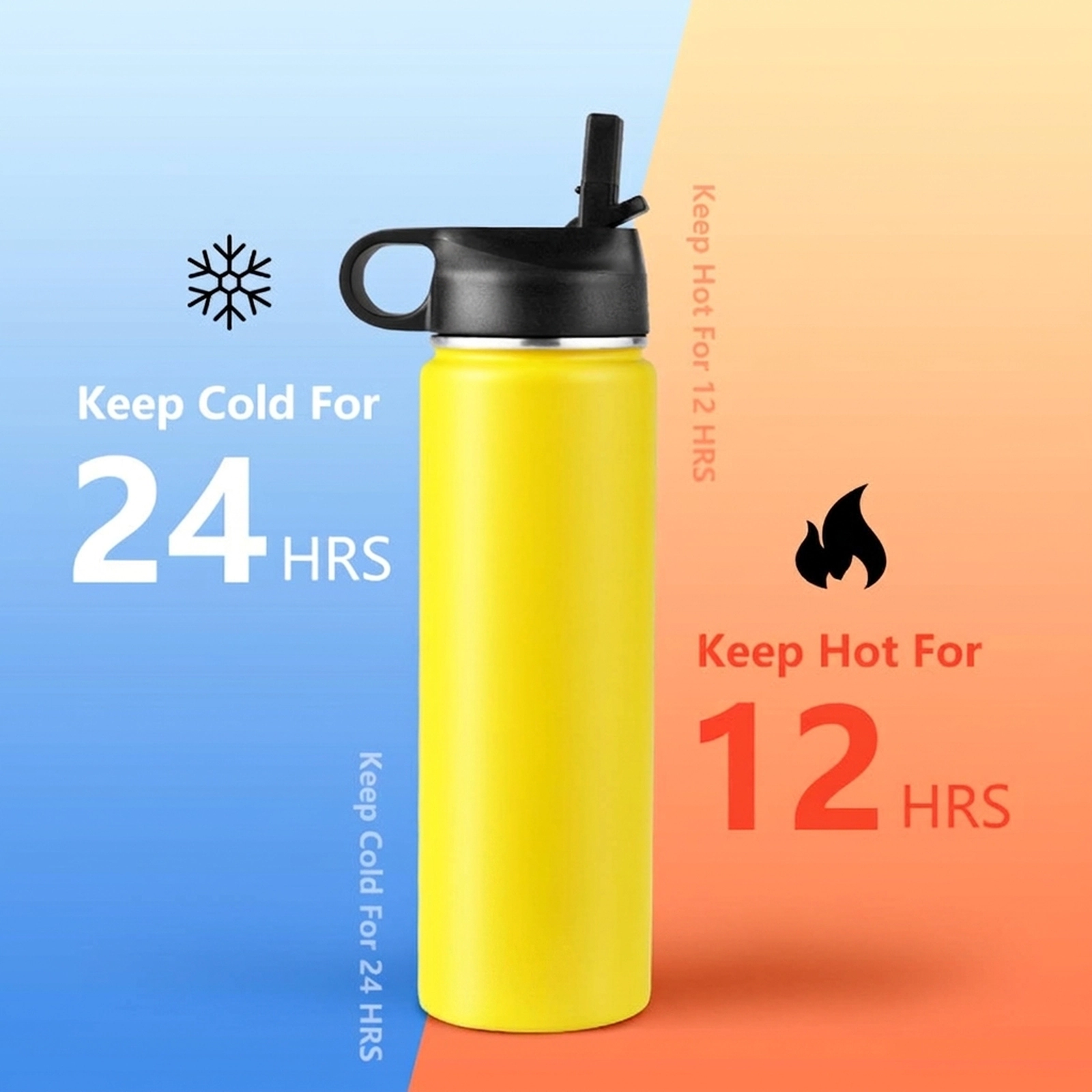 SUGIFT 22-oz Yellow Insulated Stainless Steel Water Bottle with 2 Lids and Flip-Up Straw 3-in Dia 9.6-in H