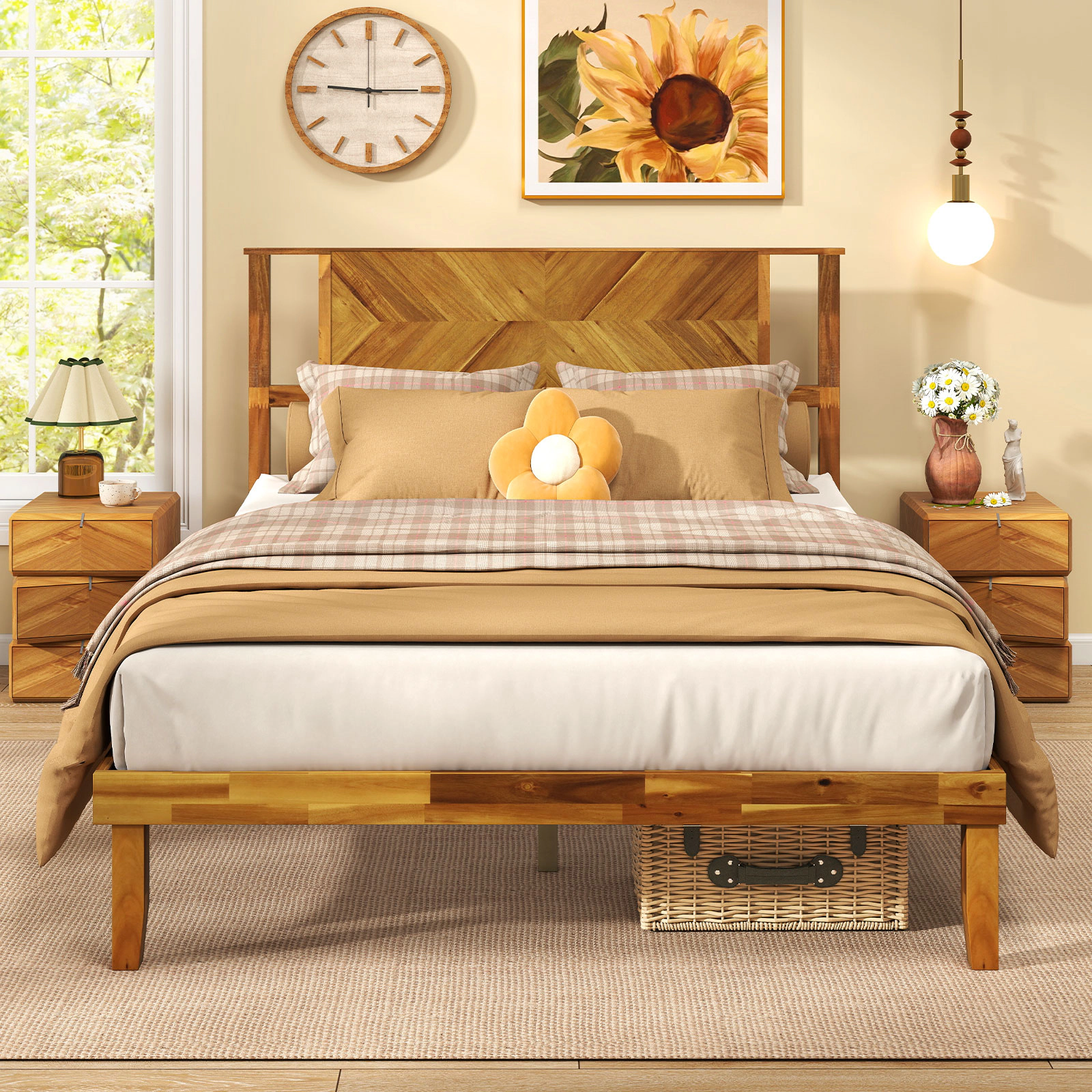 SUGIFT Full Platform Bed Frame, Acacia Wood, Curved Retro Headboard, 800-lb Capacity, Golden Brown