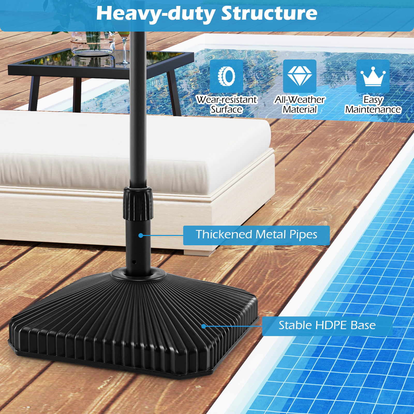 Slickblue HDPE Patio Umbrella Base Stand 44 lb Fill Capacity with Adapters Black