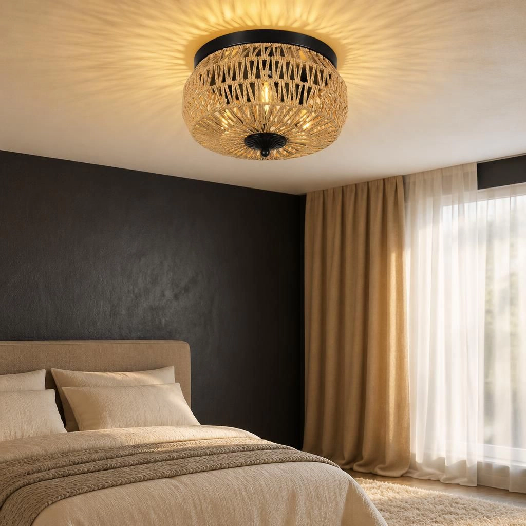 ELEMENT ACE Round Rattan Metal Flush Mount Ceiling Light