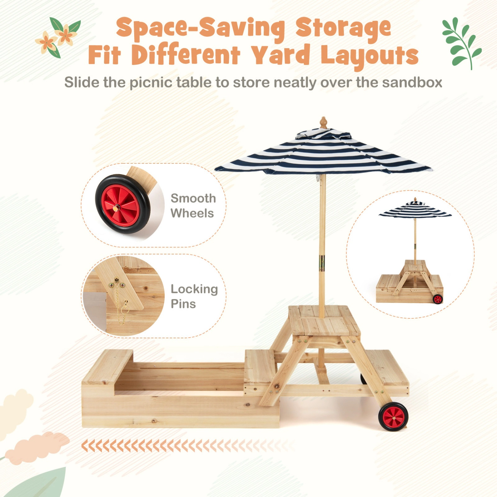SUGIFT Blue Foldable Umbrella and Picnic Table 2-in-1 Kids Wooden Sandbox