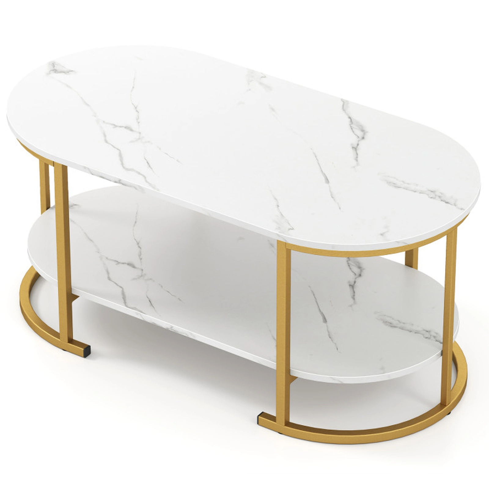 SUGIFT 39.5-in 176-lb Capacity White Faux Marble 2-Tier Coffee Table with Gold Metal Frame and Storage Shelf