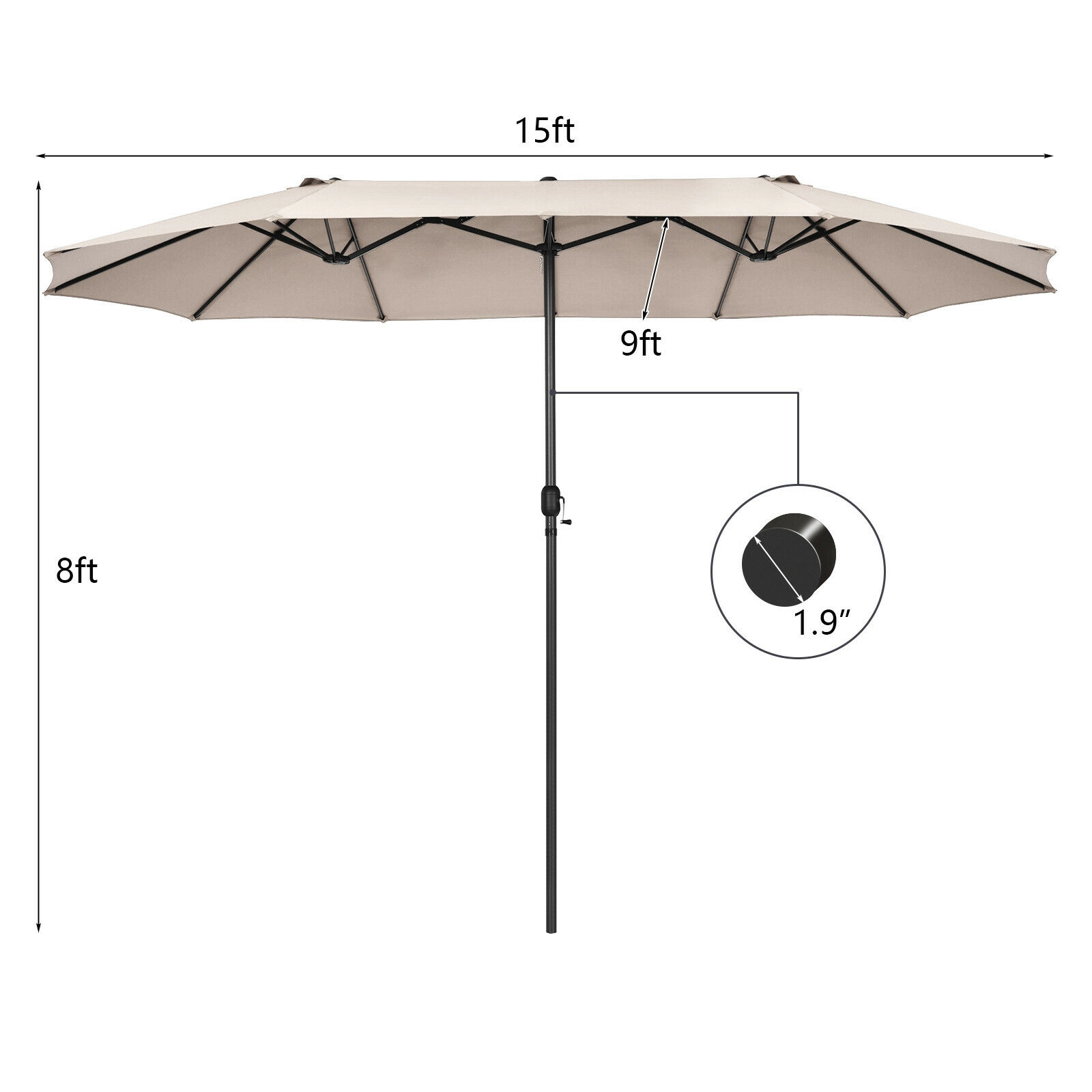 SUGIFT 15.4-ft Beige Rectangular Double-Sided Patio Umbrella, Crank Lift, Vented Canopy