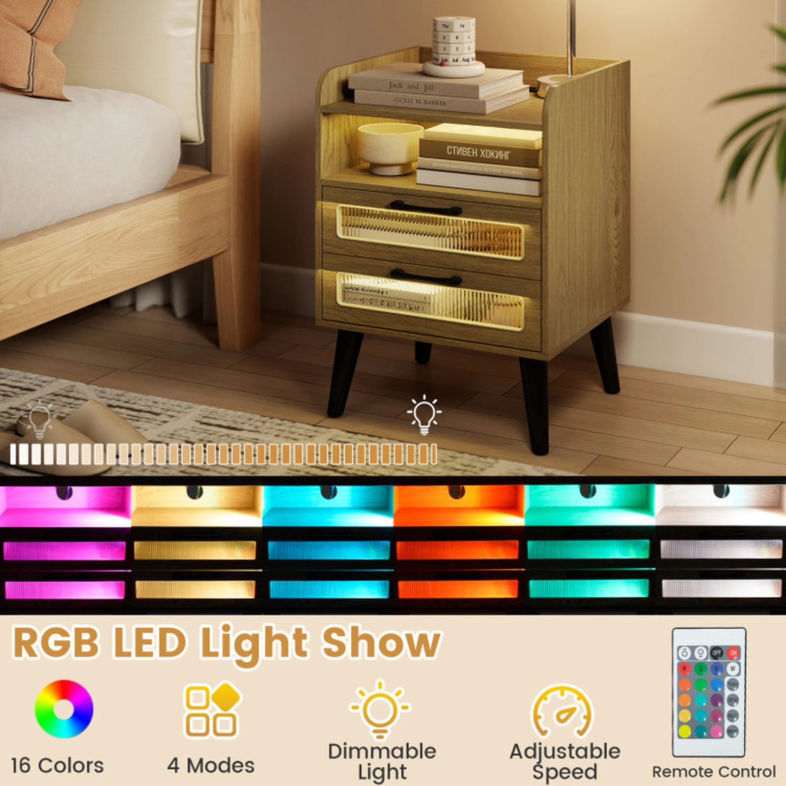 SUGIFT 24.5-In Natural Fluted Mid-Century Nightstand with LED Lights and Charging Station
