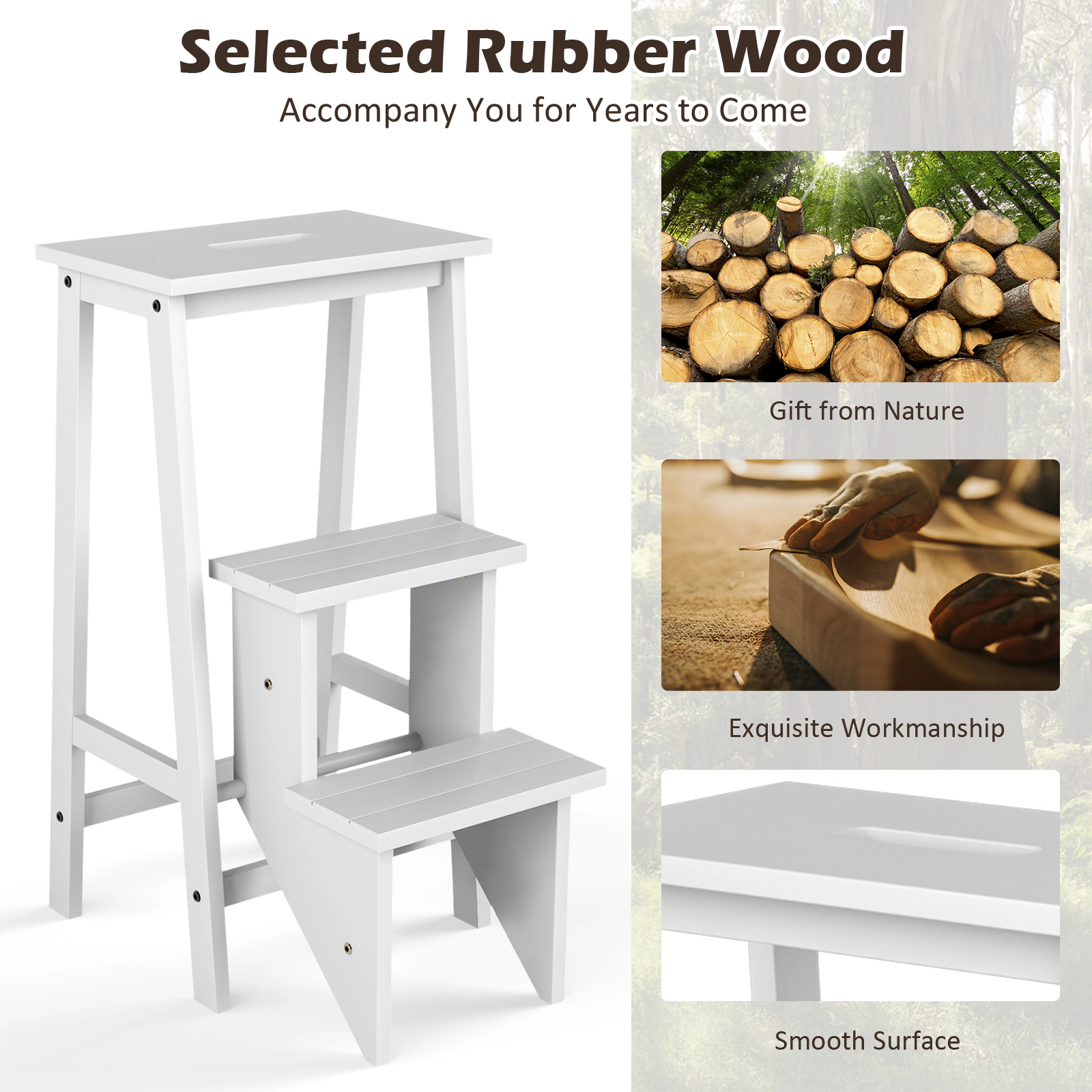 SUGIFT 3 Tier Step Stool White 3 in 1 Folding Ladder Bench in Rubber Wood