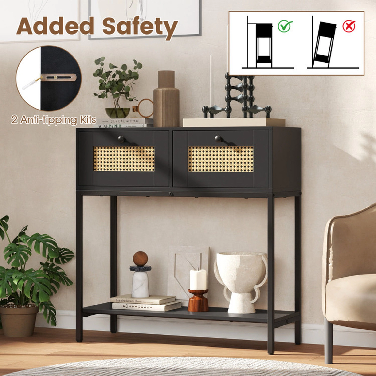 SUGIFT Rattan Console Entryway Table with 2 Drawers and Open Storage Shelf 132-lb Total Capacity 31.5-in Tall Black