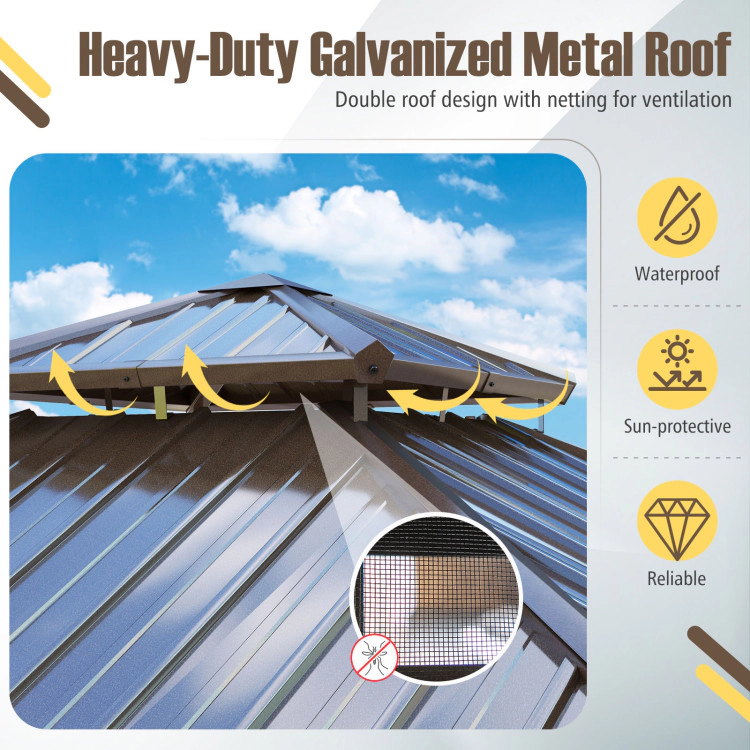 Hivvago Hardtop Gazebo with Netting and Curtain and Double-Roof Galvanized Metal Top