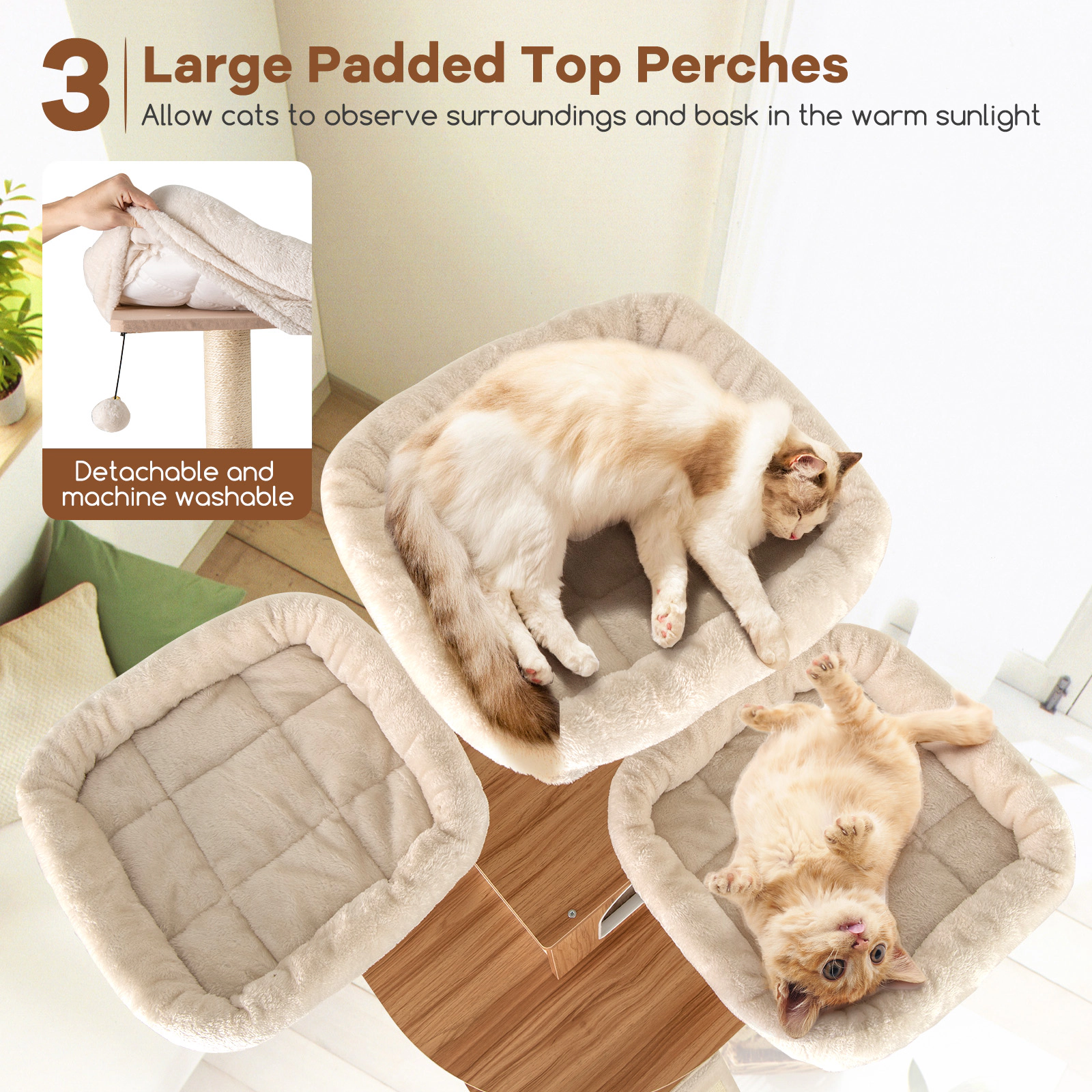 Glintex 68-Inch Cat Tree with 3 Padded Perches Dual-Hole Condo and Climbing Ladder, Natural