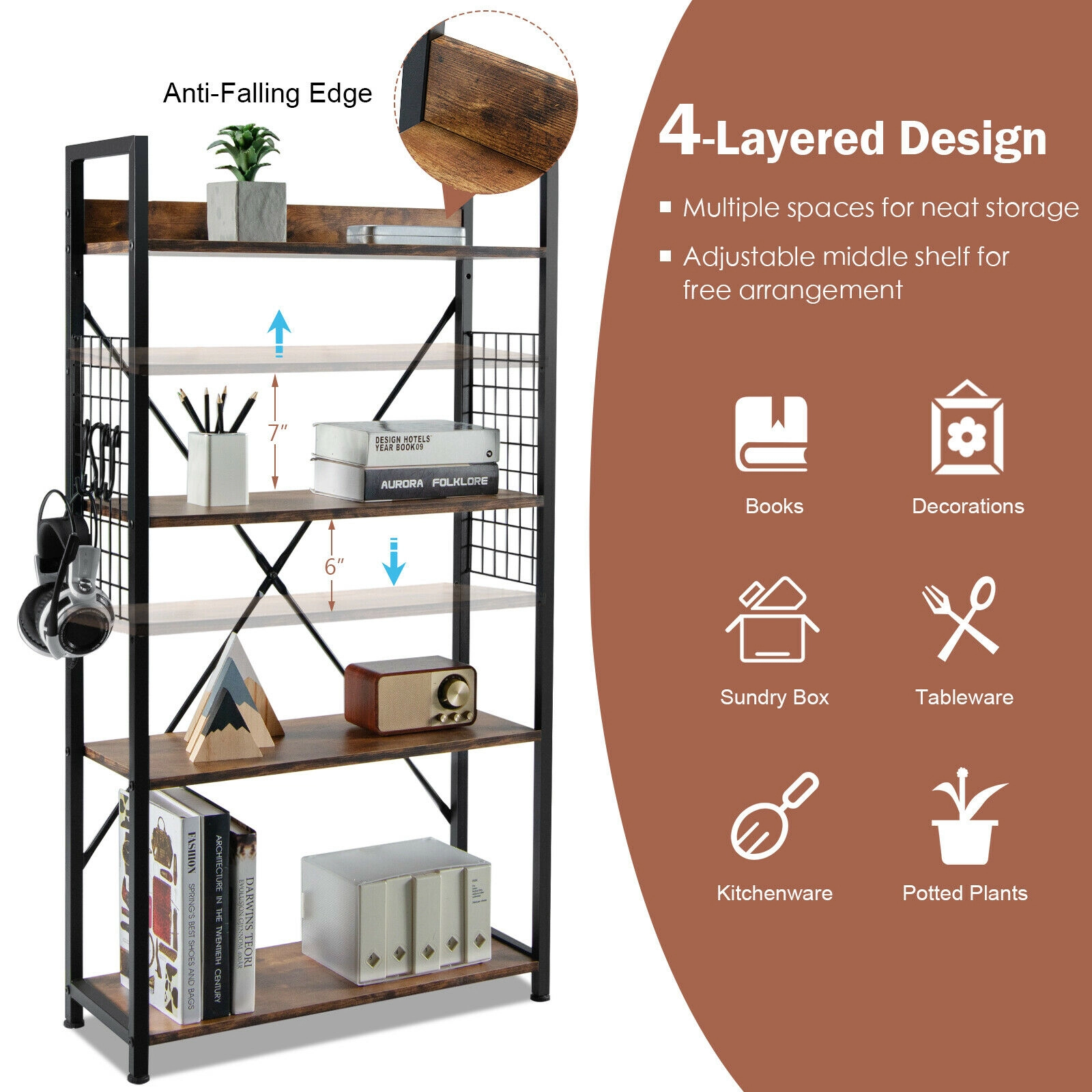 SUGIFT 4-Tier Industrial Open Storage Bookshelf with Adjustable Shelf 220-lb Capacity Coffee