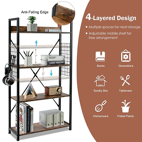 SUGIFT 4-Tier Industrial Open Storage Bookshelf with Adjustable Shelf 220-lb Capacity Coffee
