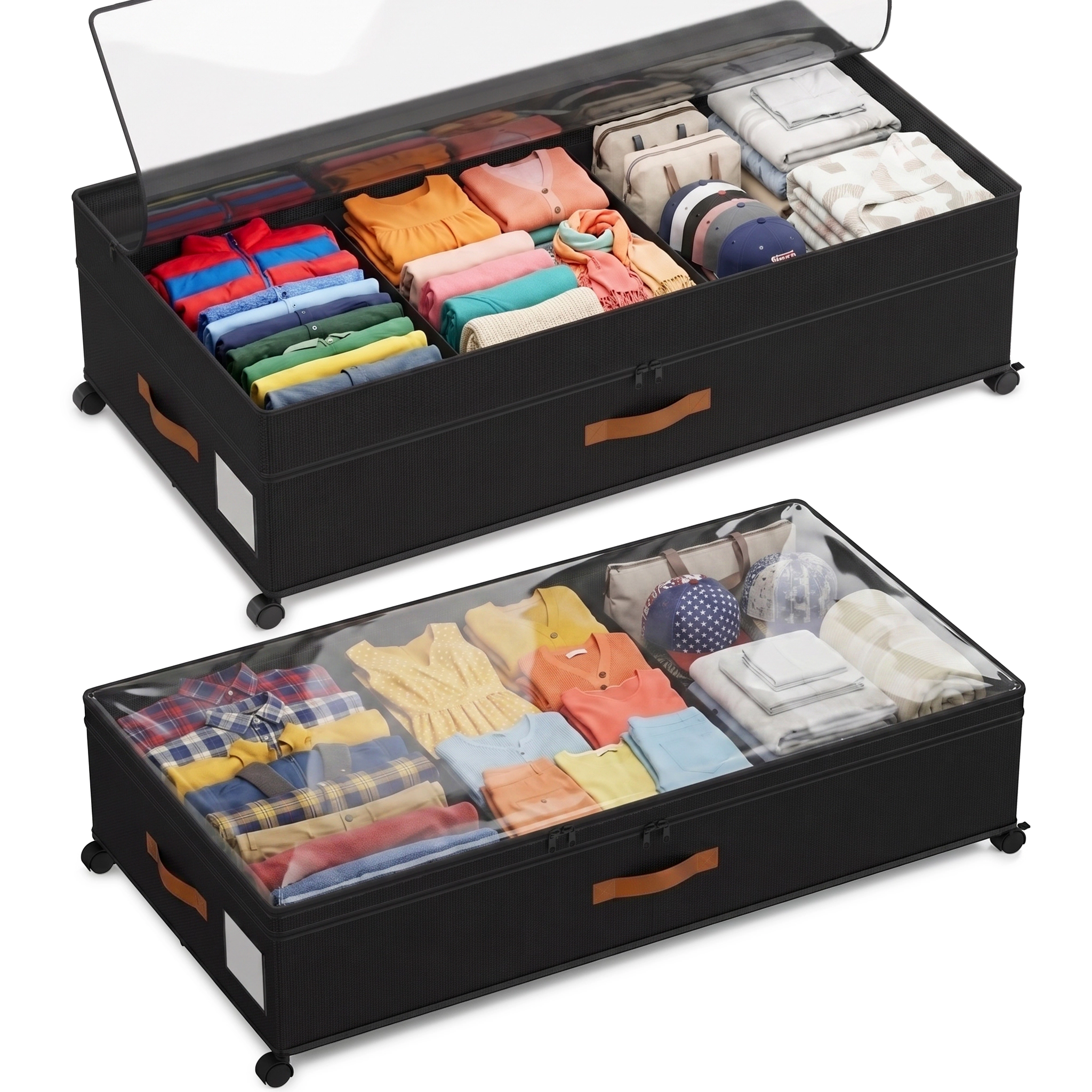 Mega Casa Underbed Storage Containers with Wheels, Fabric Under Bed Toy Organizer with Clear Lid, 2-Pack