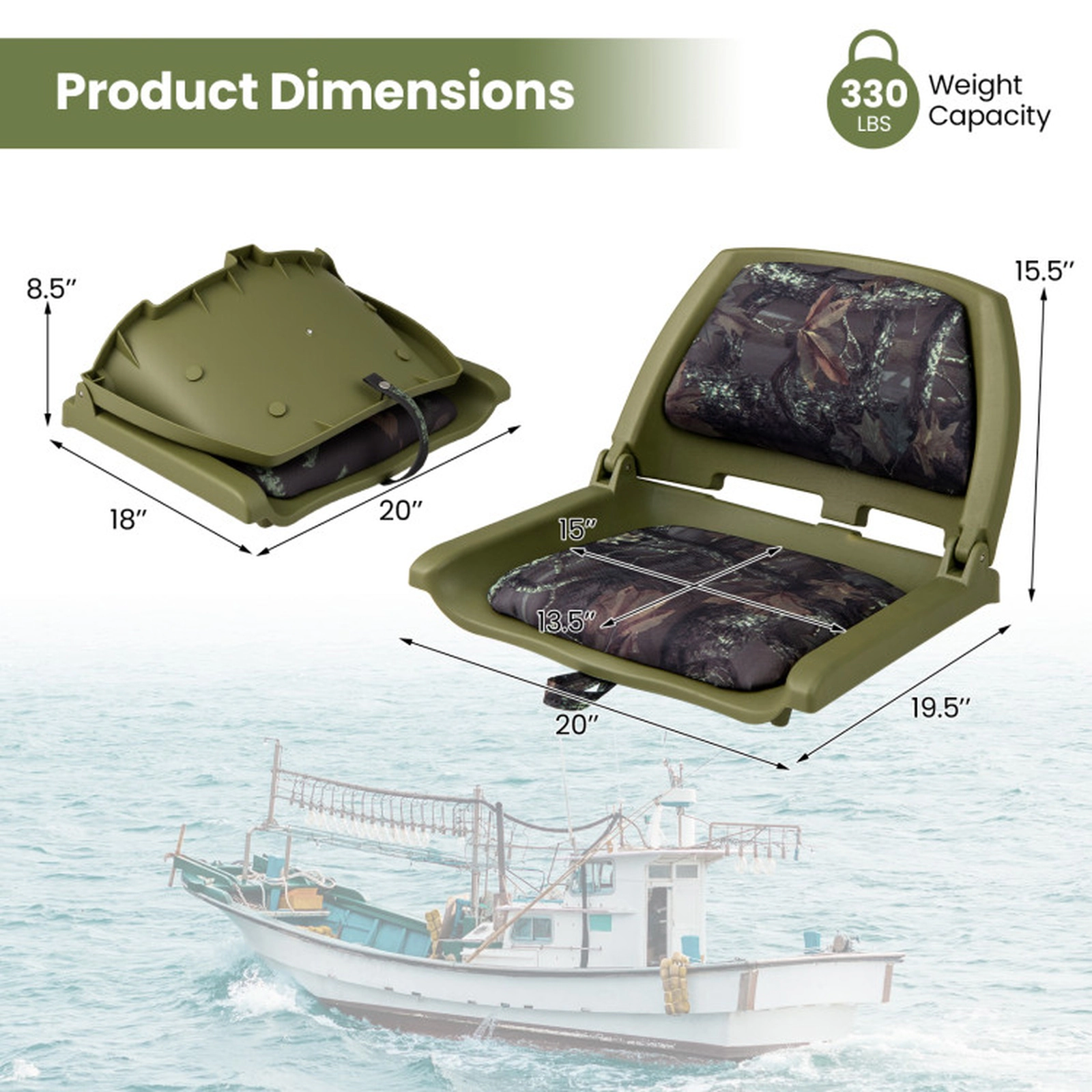 SUGIFT Green Folding Low Back Boat Chair with Marine Grade PVC 20-in W 19.5-in D 15.5-in H 330-lb Seat Capacity