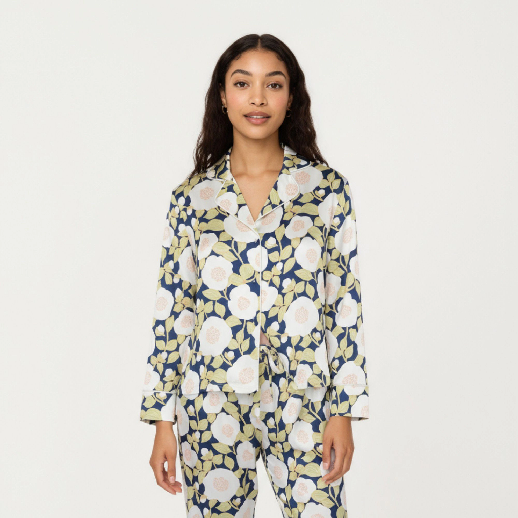 Anna-Kaci Women's 2-Piece Long Sleeve Button Front Pajama Set Floral Print and Soft Silky Fabric for Relaxed Comfort