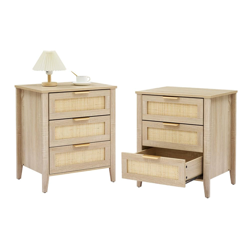 BebreezChic Set of 2 3-Drawer Nightstands with Rattan Fronts and Metal Handles