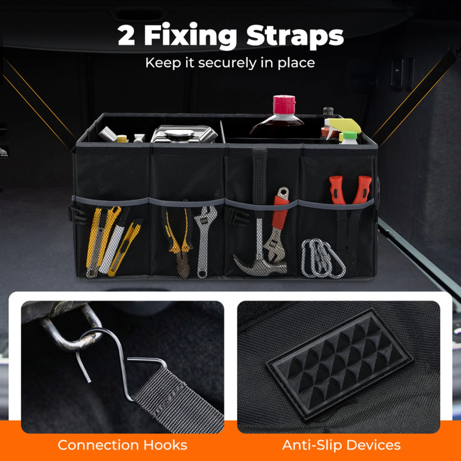 SUGIFT Collapsible 13 Gallon Car Trunk Organizer with Removable Divider 3 Compartments 6 Pockets Black