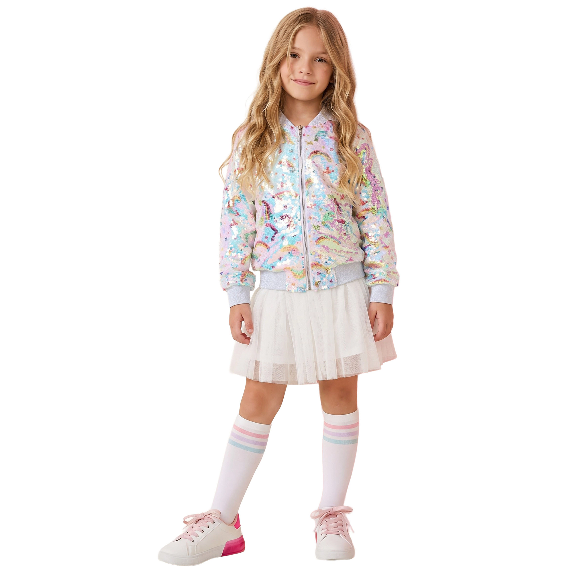 2Bunnies Girls' Rainbow Unicorn Iridescent Sequin Bomber Jacket