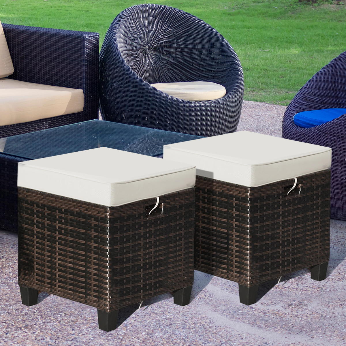 SUGIFT Patio Rattan Ottoman with Removable 2.5-in Cushion 375-lb Capacity Beige