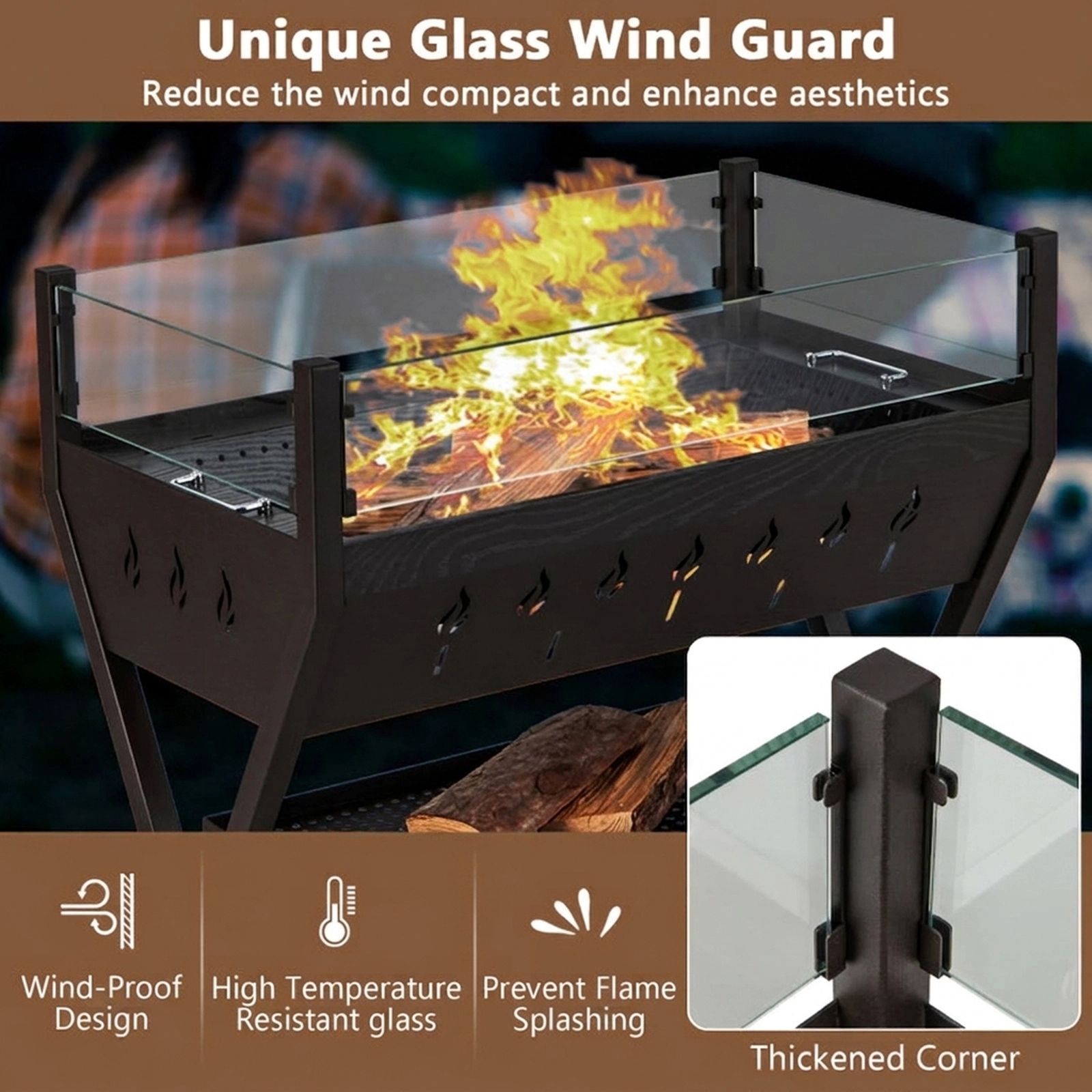 SUGIFT 3-in-1 Black Charcoal Grill with Glass Wind Guard and Seasoning Racks 38.5-in W 16.5-in D 27-in H