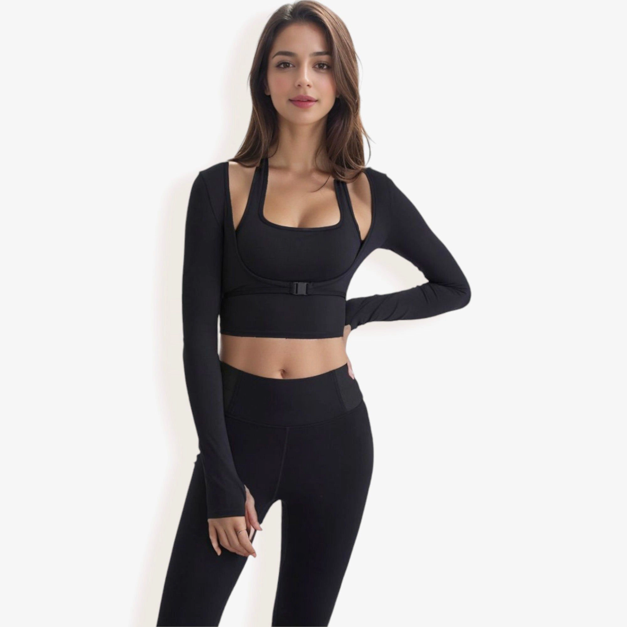 Anna-Kaci Women's Long Sleeve Cropped Sports Top with Buckle Detail