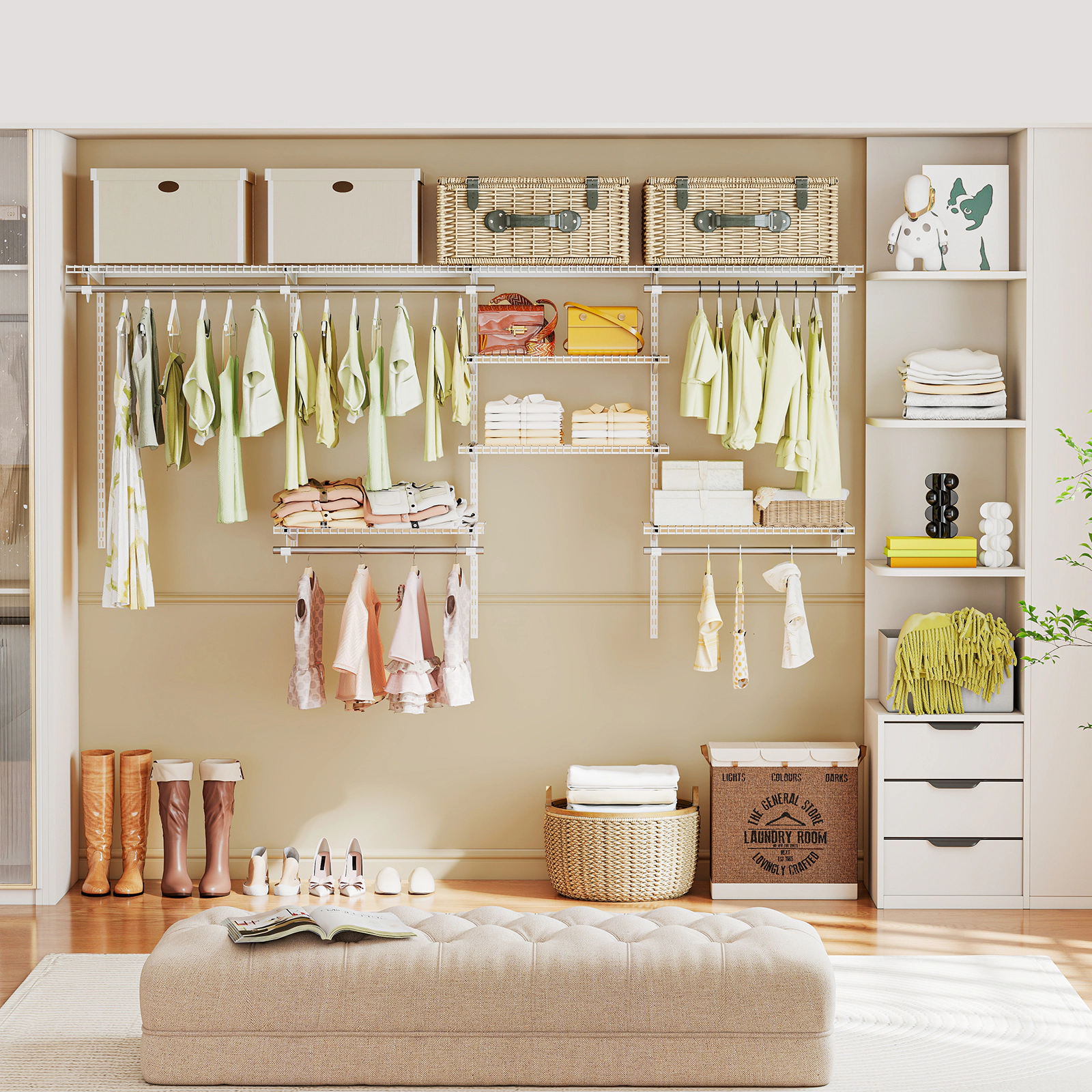 SUGIFT 4-ft to 8-ft Wall Mounted Closet Organizer System with 5 Hanging Rods and 7 Shelves for Laundry