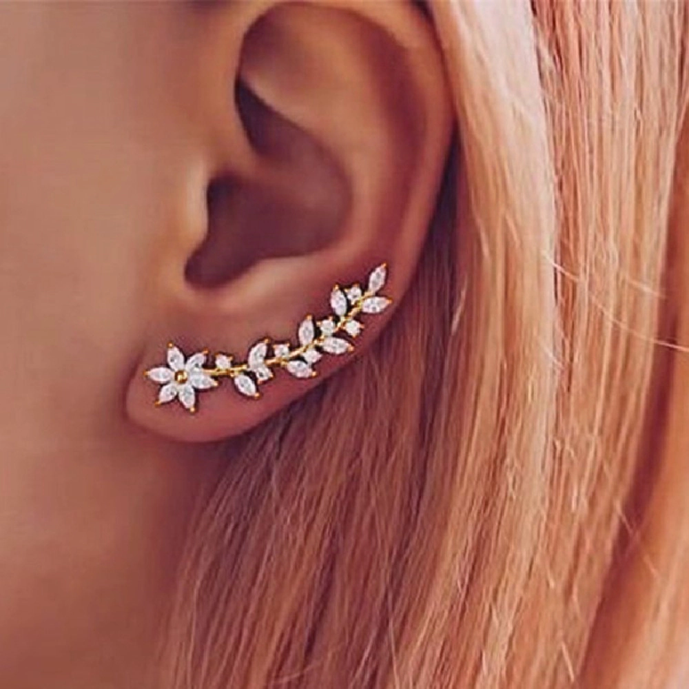 Floral Leaf Cubic Zirconia Ear Climber Hook Earrings
