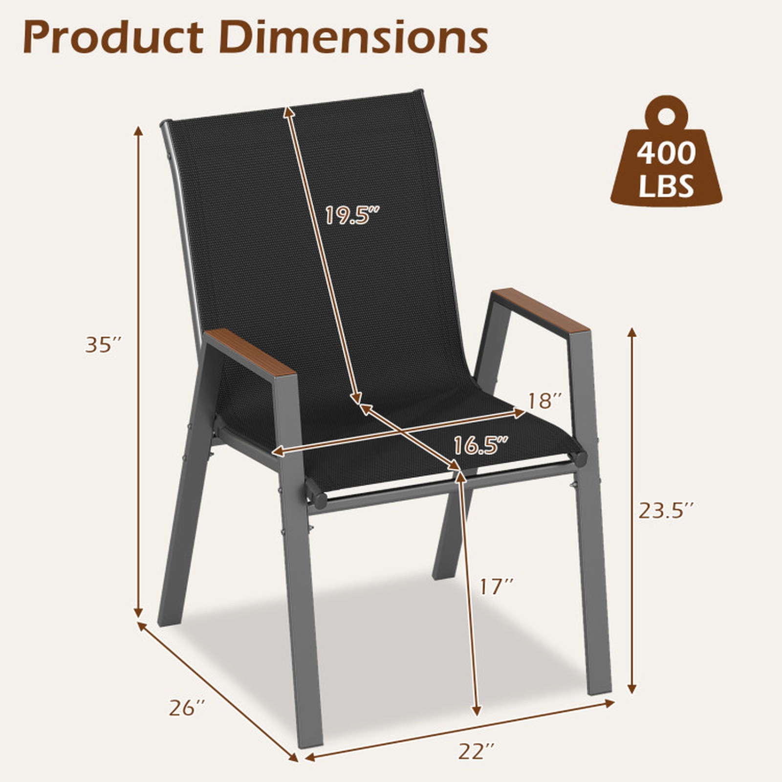 SUGIFT Set of 4 Stackable High-Back Patio Sling Chairs 400-lb Capacity with 19.5-in Backrest and Wood-Plastic Armrests