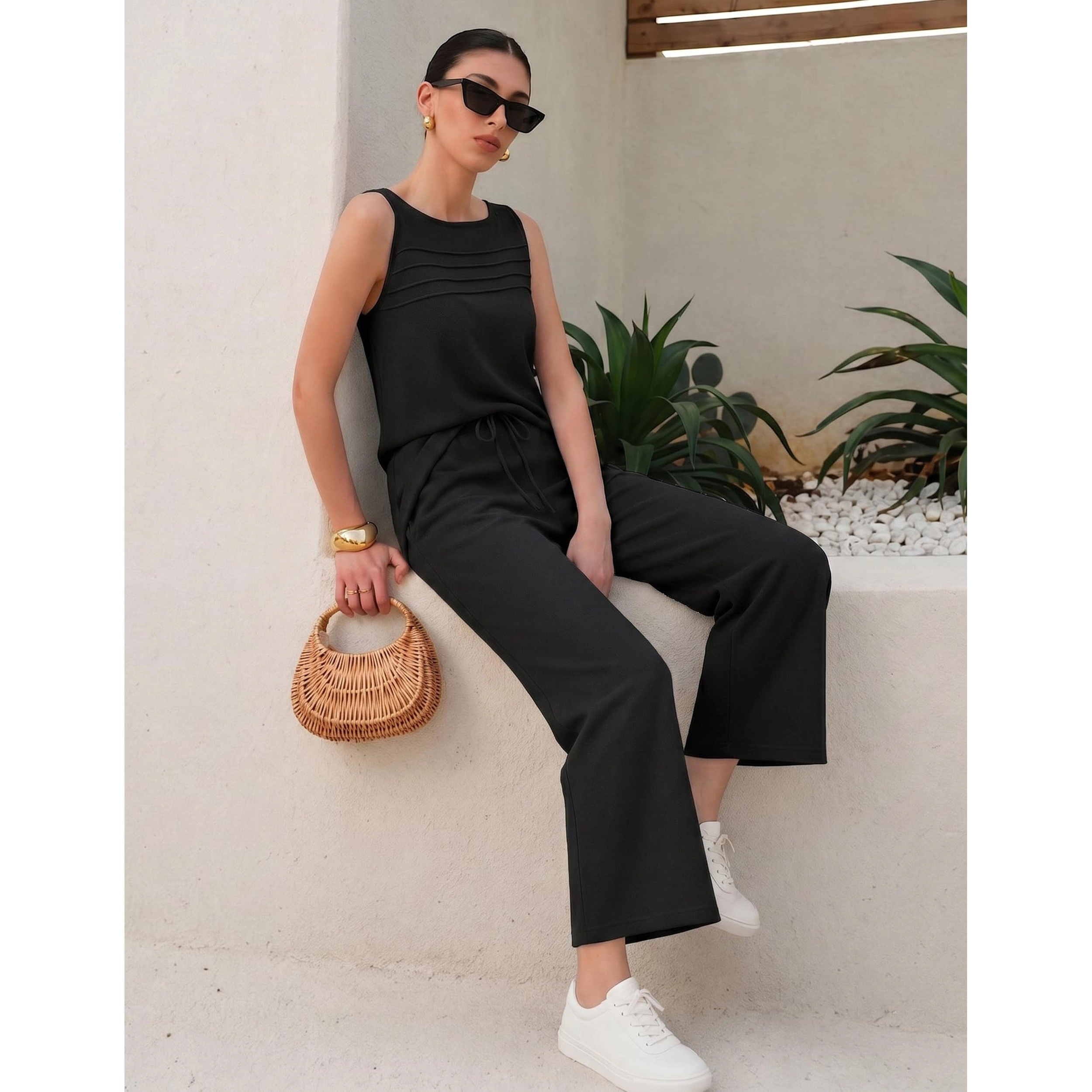 Ekouaer Womens Two Piece Lounge Sets Summer Oversized Crop Pants