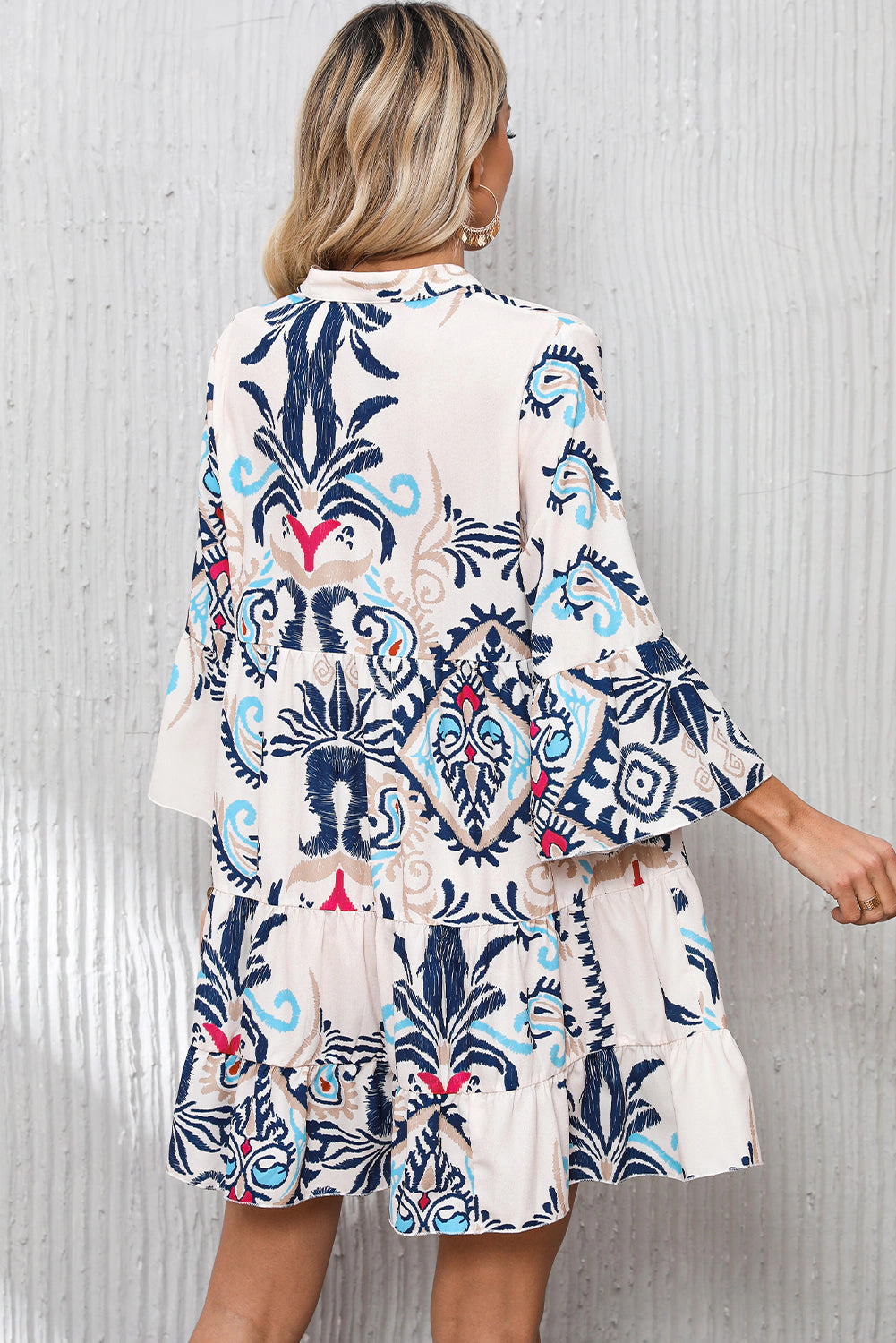 19092 Chandler Bracelet Sleeve Buttoned Tribal Print A-Line Mini Dress