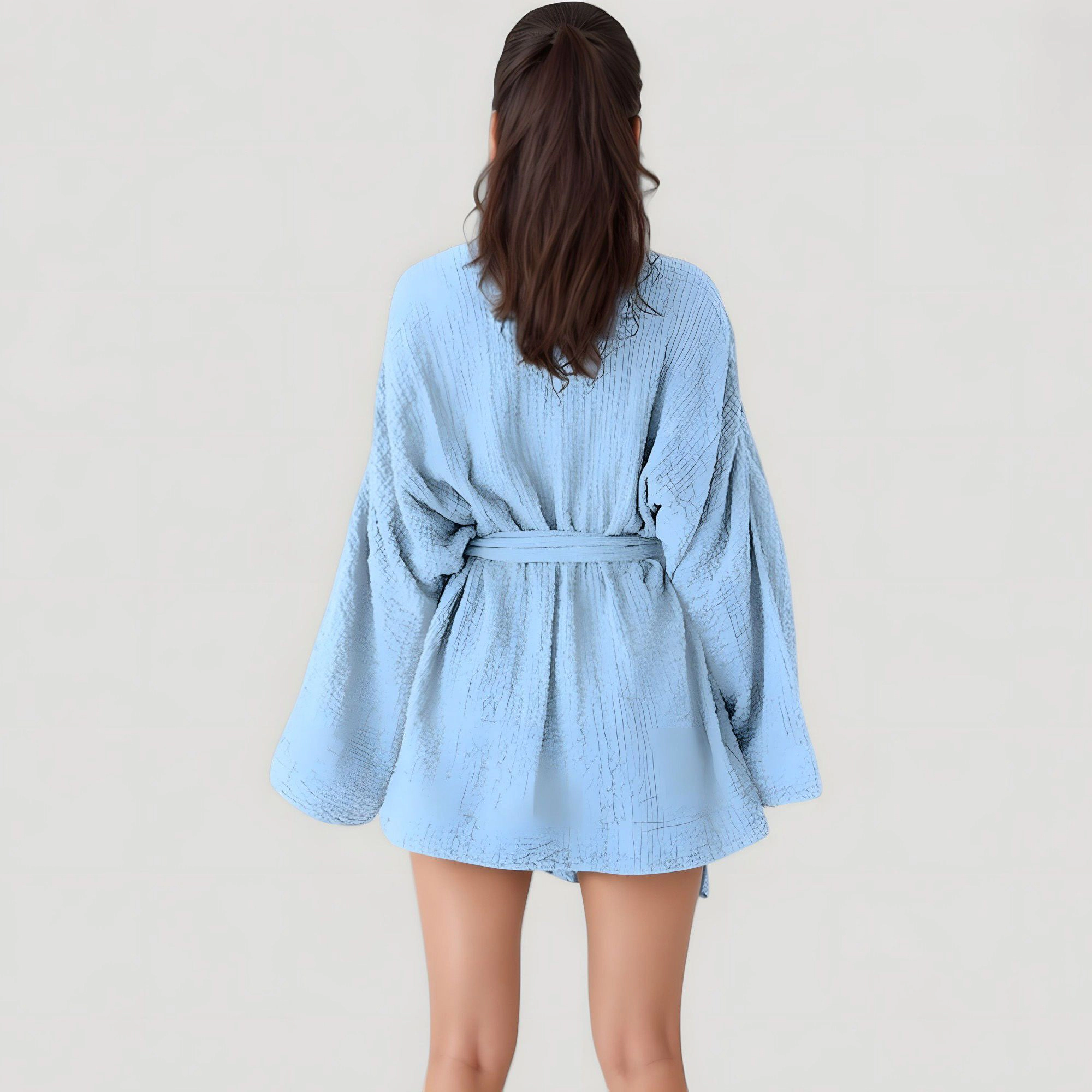 Anna-Kaci Women's Woven Textured Bath Robe with Waist Tie and Wide Sleeves