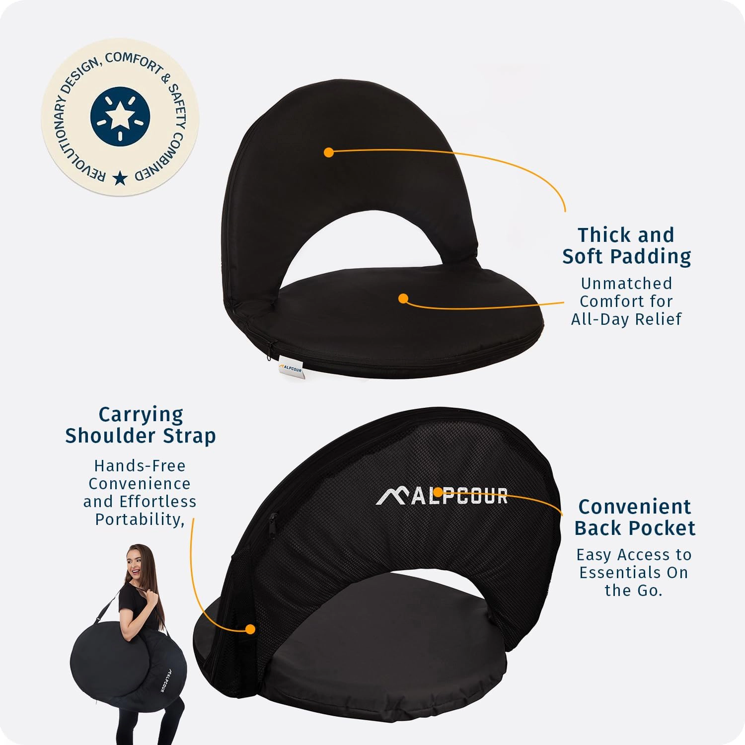Alpcour Reclining Stadium Seat - Waterproof, 6-Position, Extra-Wide 21"