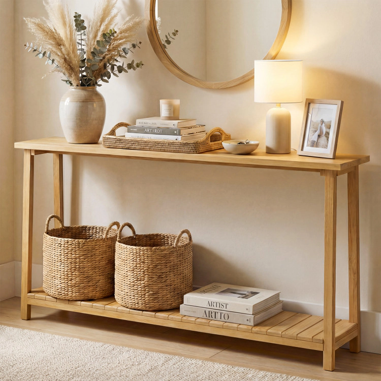 Hivvago 2-Tier Farmhouse Sofa Table With Teak Wood Frame And Storage Shelf