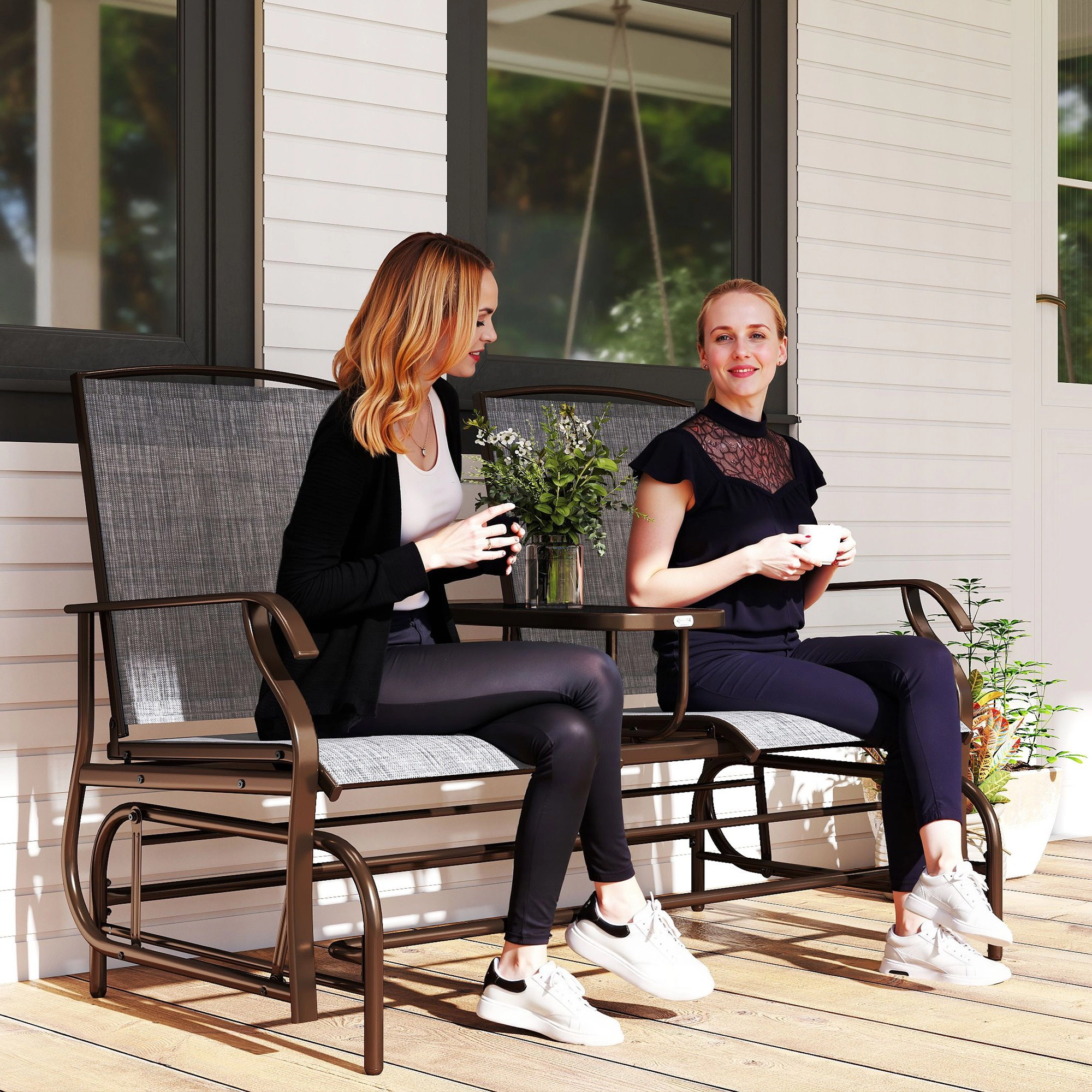 HONGGE Outdoor Glider Bench with Center Table, Metal Frame Patio Loveseat with Breathable Mesh