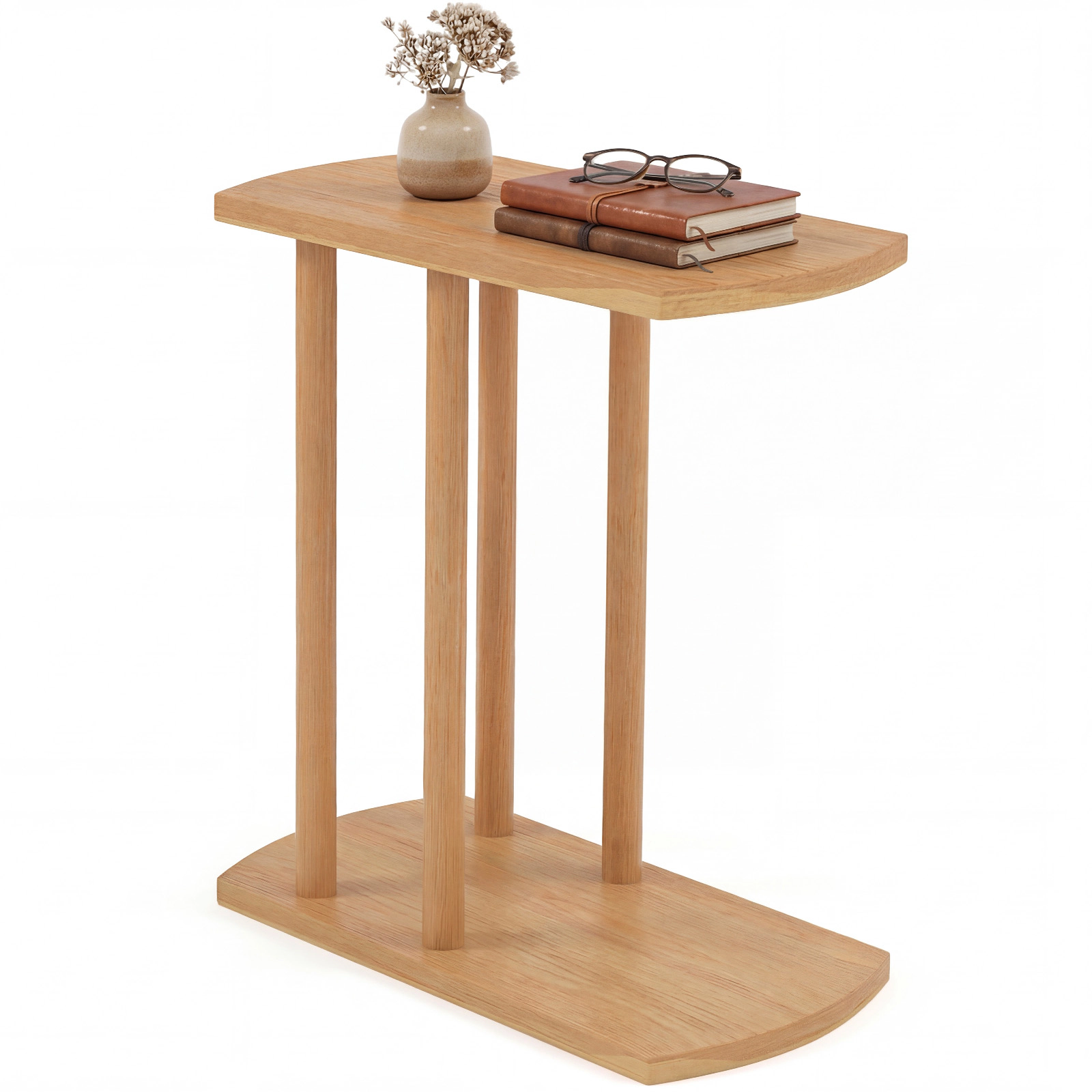 Glintex Narrow 2-Tier C-Shaped Teak Wood Side Table with Thickened Top, Natural