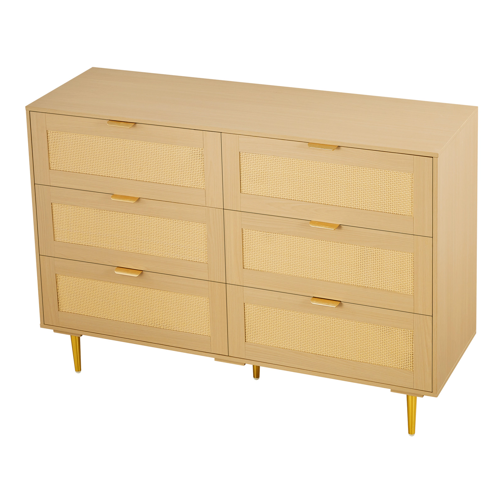 HONGGE 6 Drawer Rattan Dresser, Double Dresser for Bedroom, Natural Rattan Chest of Drawer with Metal Handle