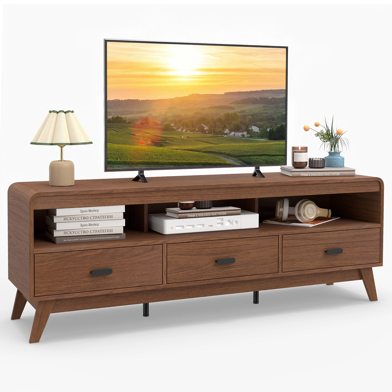 Glintex 59.5-Inch Mid-Century TV Stand with 3 Drawers and 3 Cable Holes, Walnut