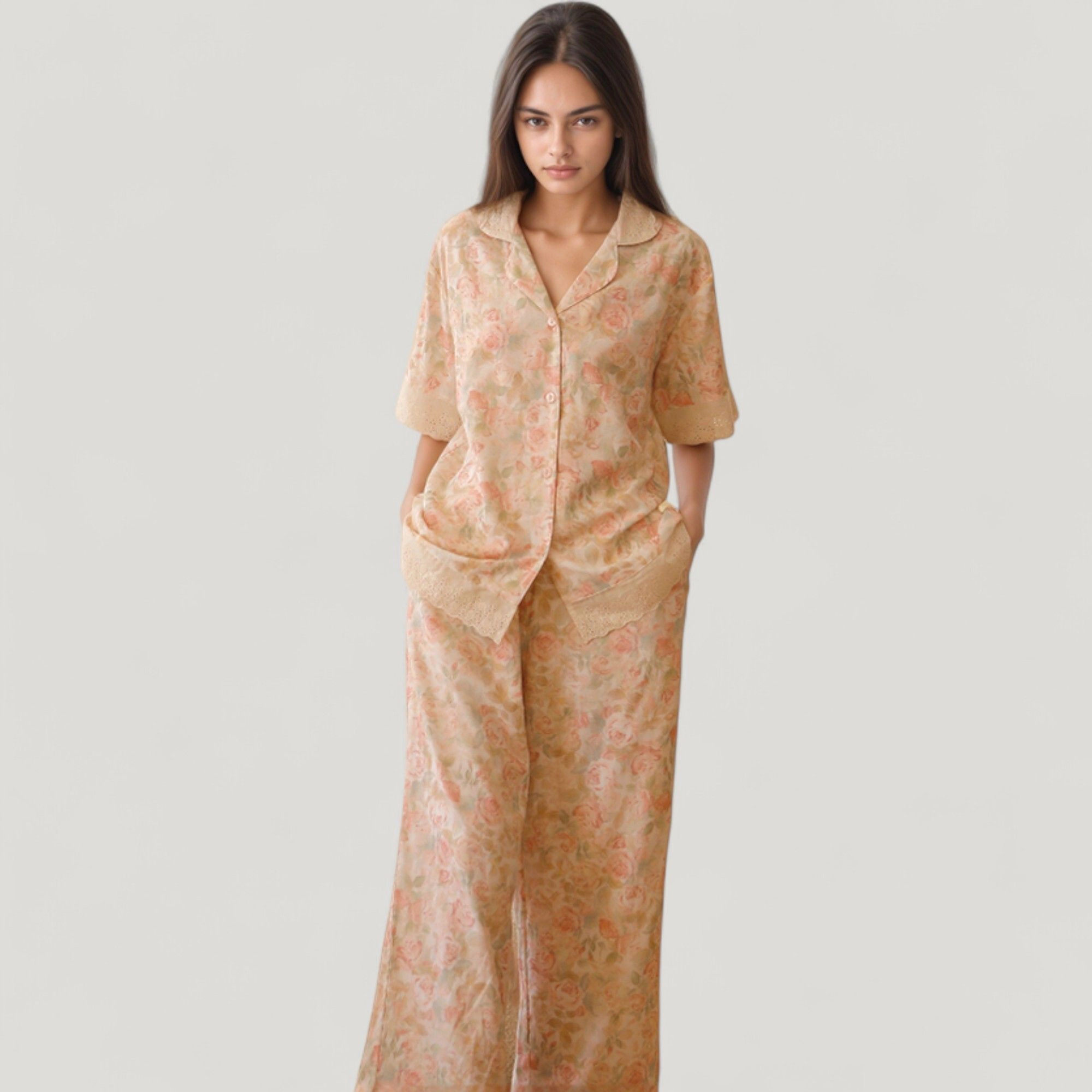 Anna-Kaci Women's Floral Lace Trim Pajama Set Short Sleeve Button Top with Matching Wide Leg Lounge Pants