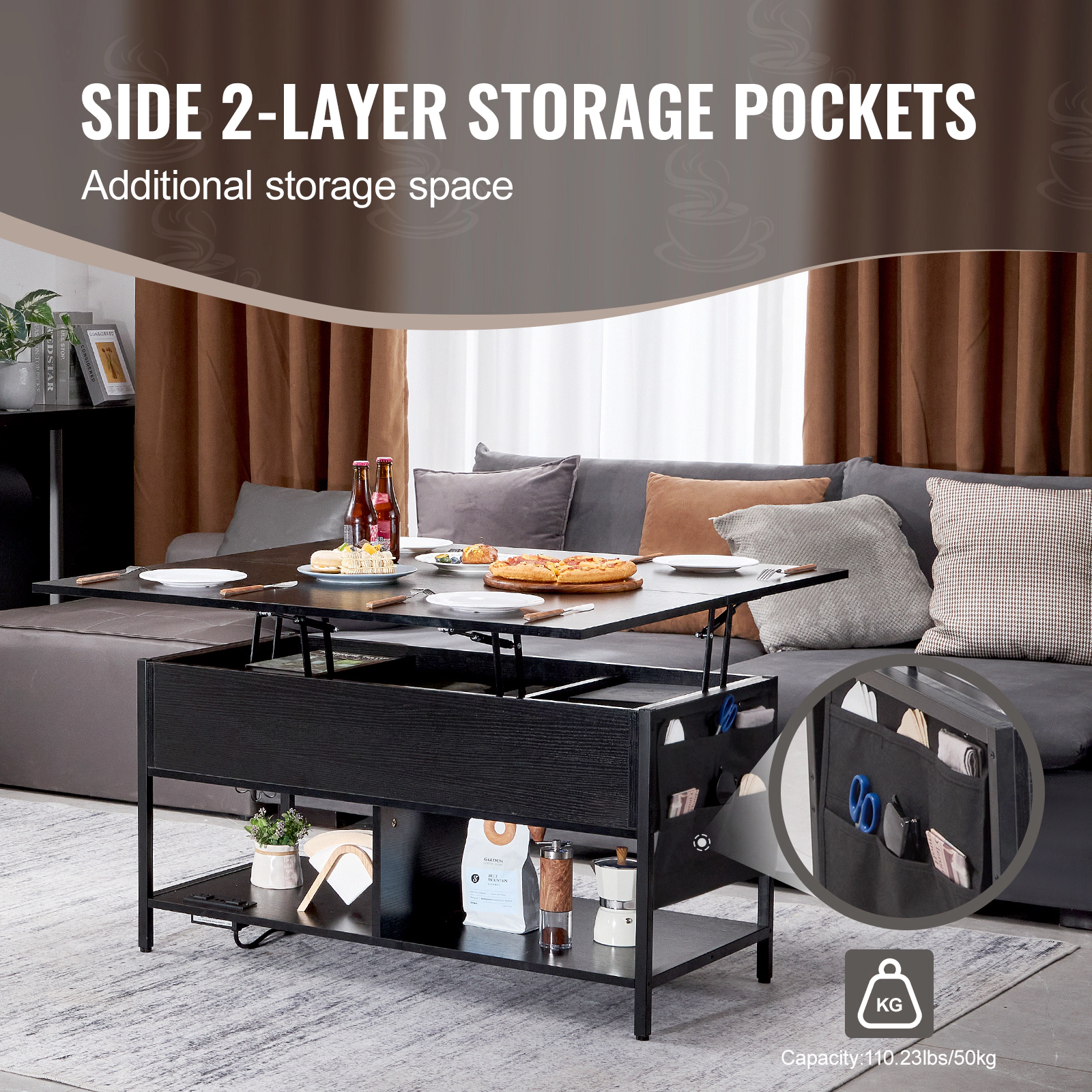 HONGGE Lift Top Coffee Table 39.4 in Rectangle Coffee Table with Extra Storage Pockets Flipable Coffee Table with Power
