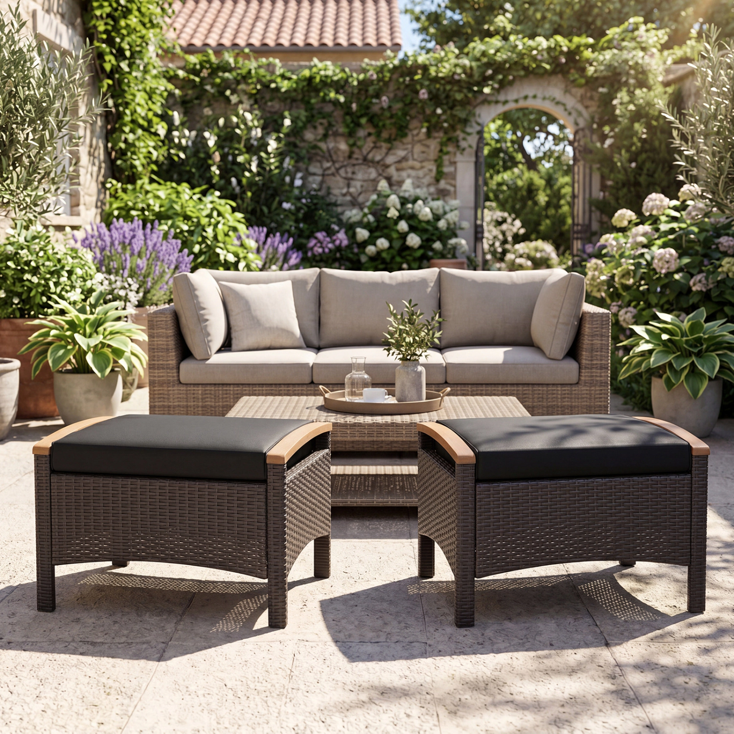 LJG Set of 2 Fade-Resistant Wicker Patio Ottoman