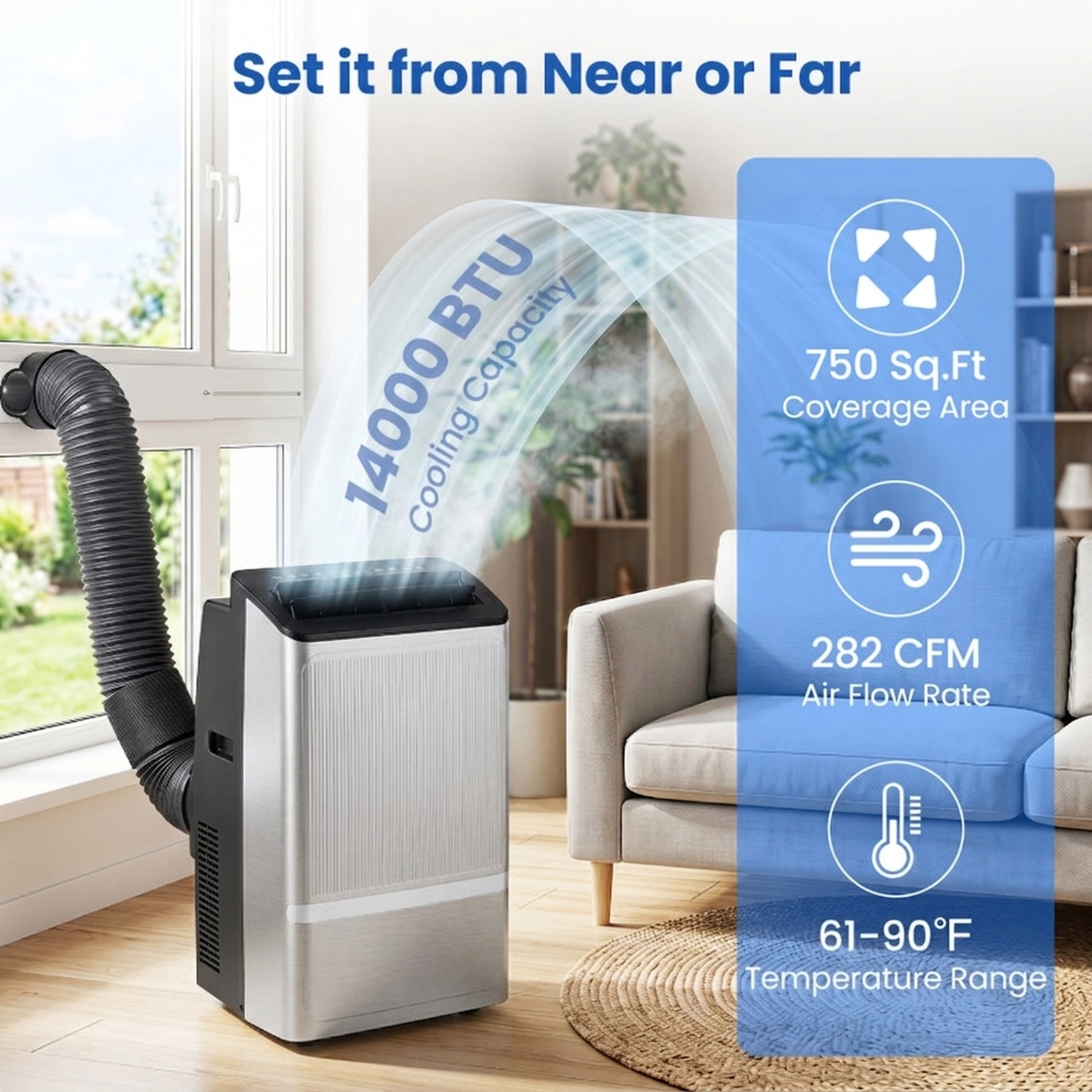 SUGIFT Black 14000-BTU Wi-Fi Portable Air Conditioner with Dehumidifier and 24H Timer 16.5-in W 14-in D 28.5-in H