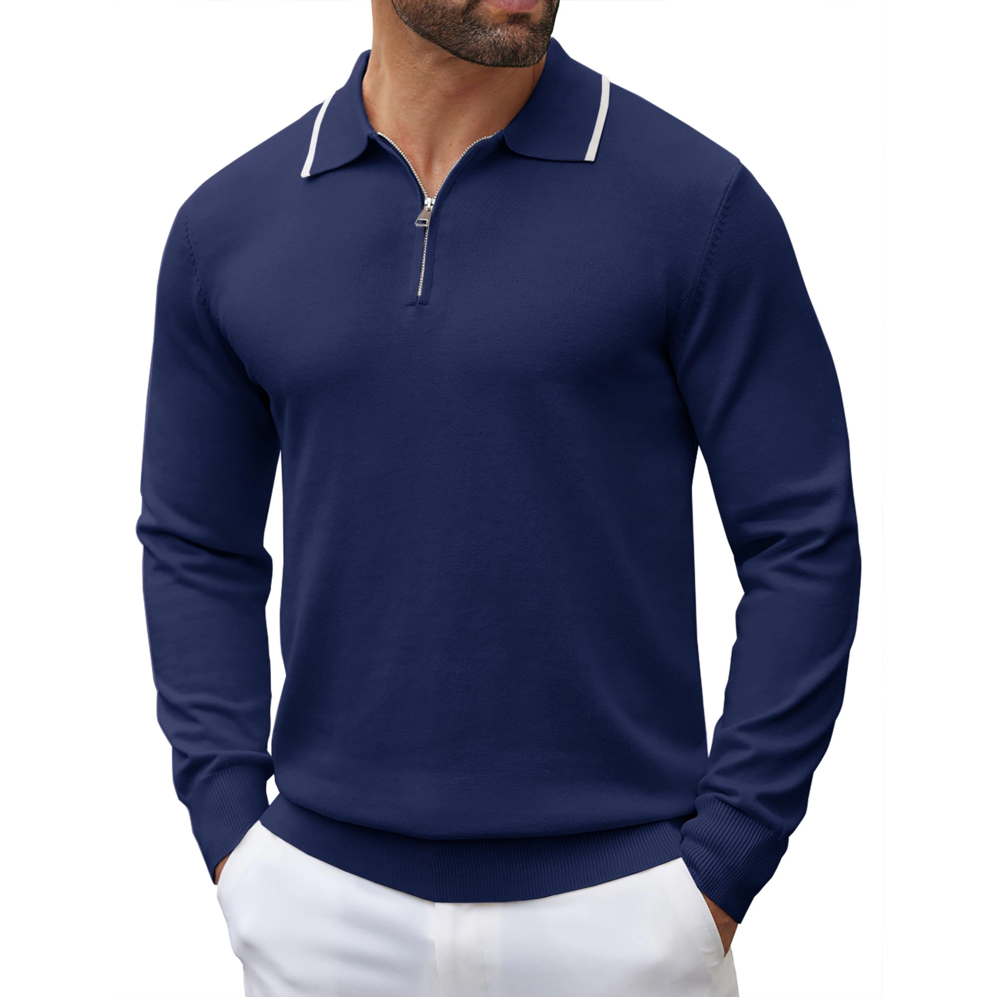 COOFANDY Quarter Zip Long Sleeve Polo Shirt Contrast Collar Casual Fall Tops