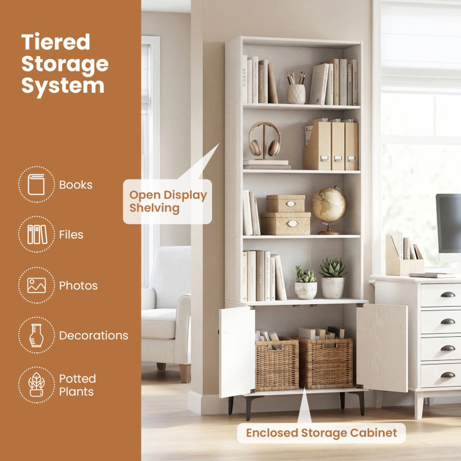SUGIFT White 68.5-in Tall Bookshelf with Cabinet Doors Open Display Shelves and Metal Legs for Home Office