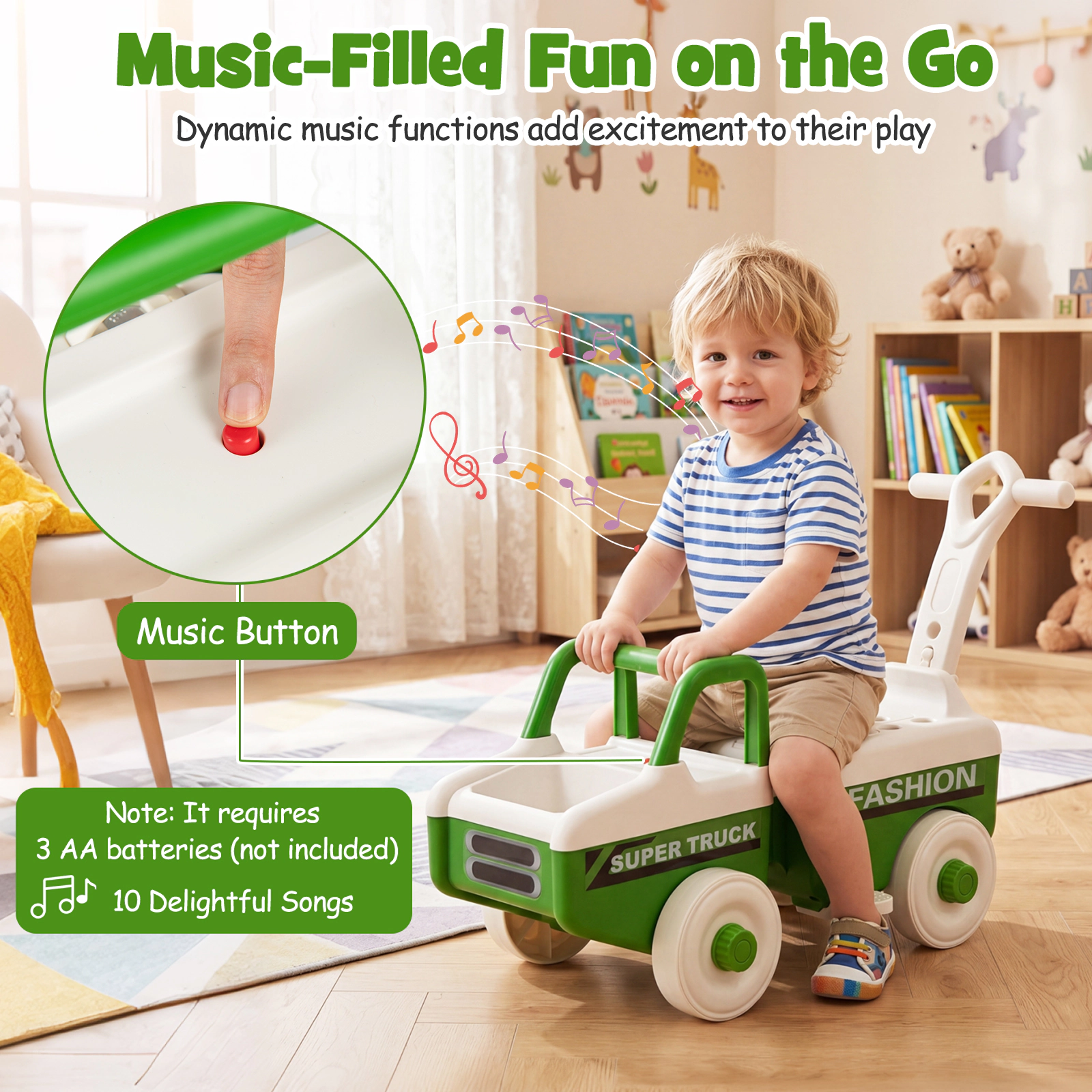 Costway 4 1 Ride on Push Car,Sliding Walking Car with Trailer, Music, Under-Seat Storage Green