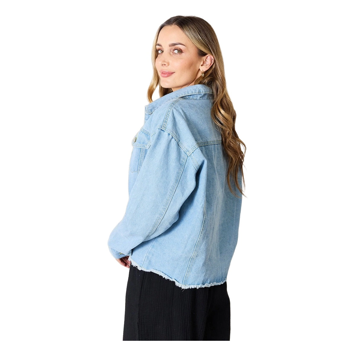 Sol Living Womens Double Take Dropped Shoulder Raw Hem Denim Jacket