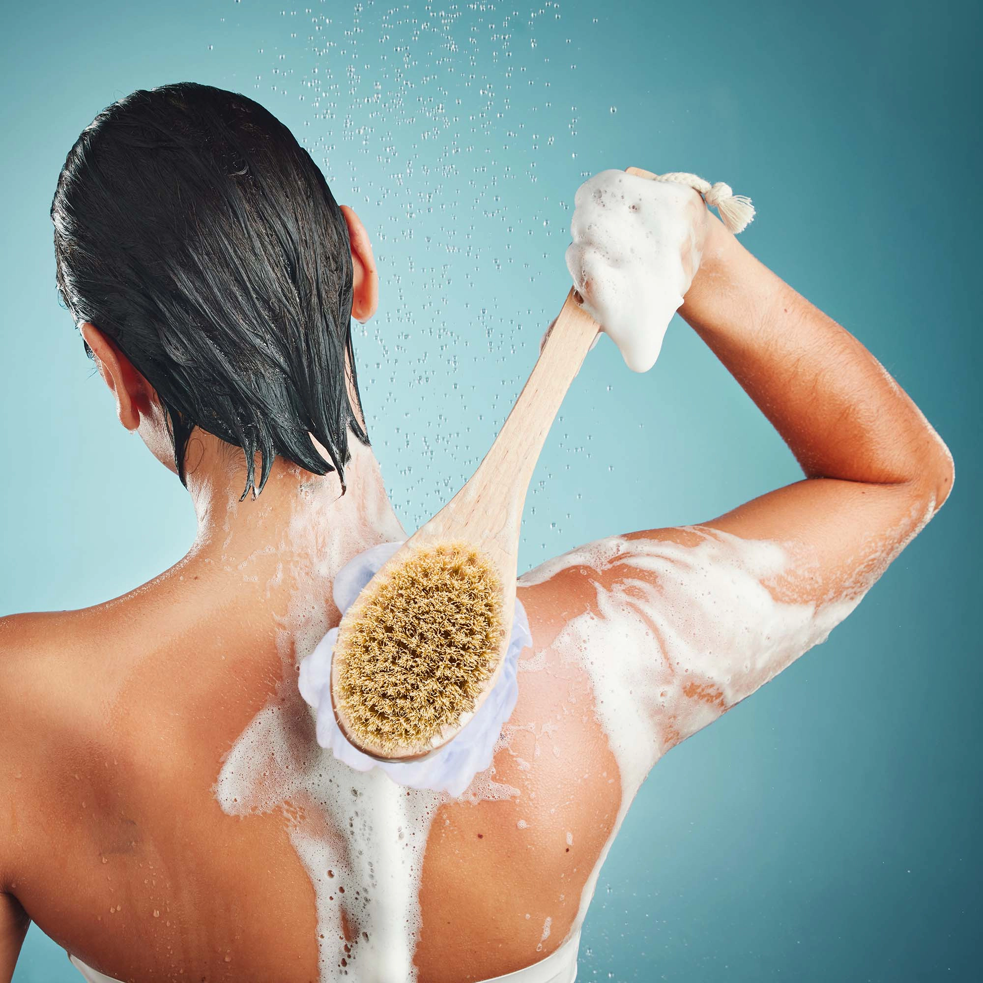 Pursonic Unisex Eco-Friendly Dual Action Exfoliating Body Brush & Mesh Sponge with Lotus Wooden Handle