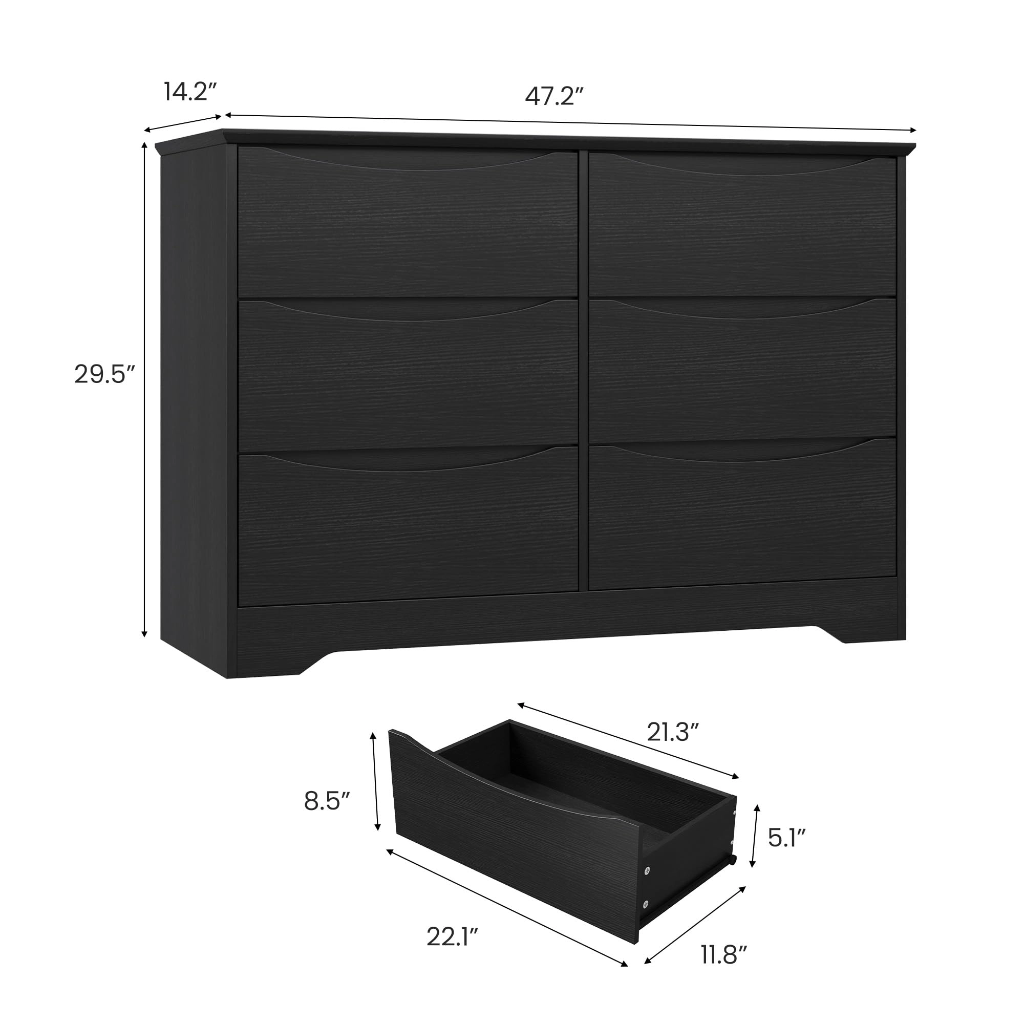 6 Drawer Modern Dresser with Hidden Handles, 47" Wide Large Double Storage Chest for Bedroom Living Room Hallway