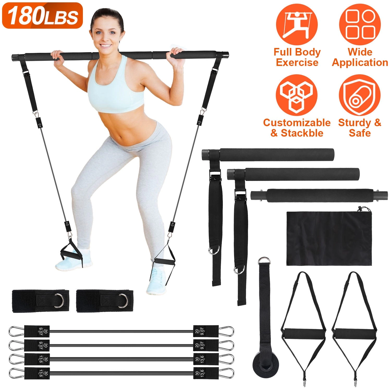 GBruno 100 LBS Pilates Bar Kit With Resistance Bands