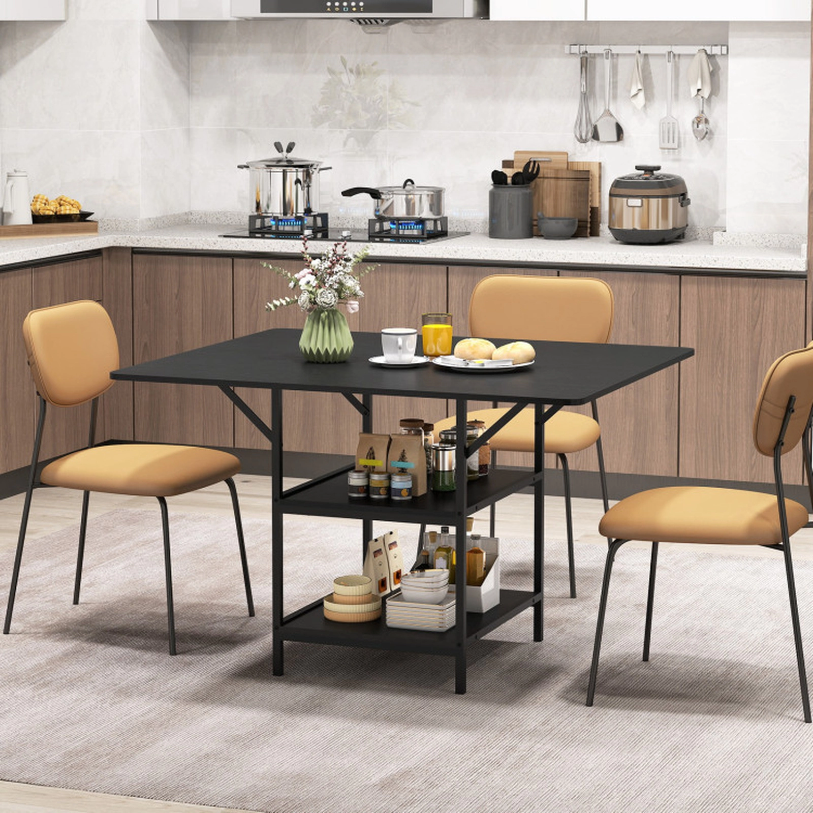 SUGIFT 47-in Rectangular Dining Table with 2 Open Storage Shelves 155-lb Tabletop Capacity Seats 4-6 Rustic Brown/Black